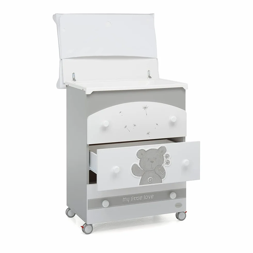 Foppapedretti Bagnetto Fasciatoio My Little Love 3 Cassetti Piano Fasciatoio Ribaltabile Vaschetta Anatomica Estraibile 4 ruote Materassino 69x47x89 cm Bianco