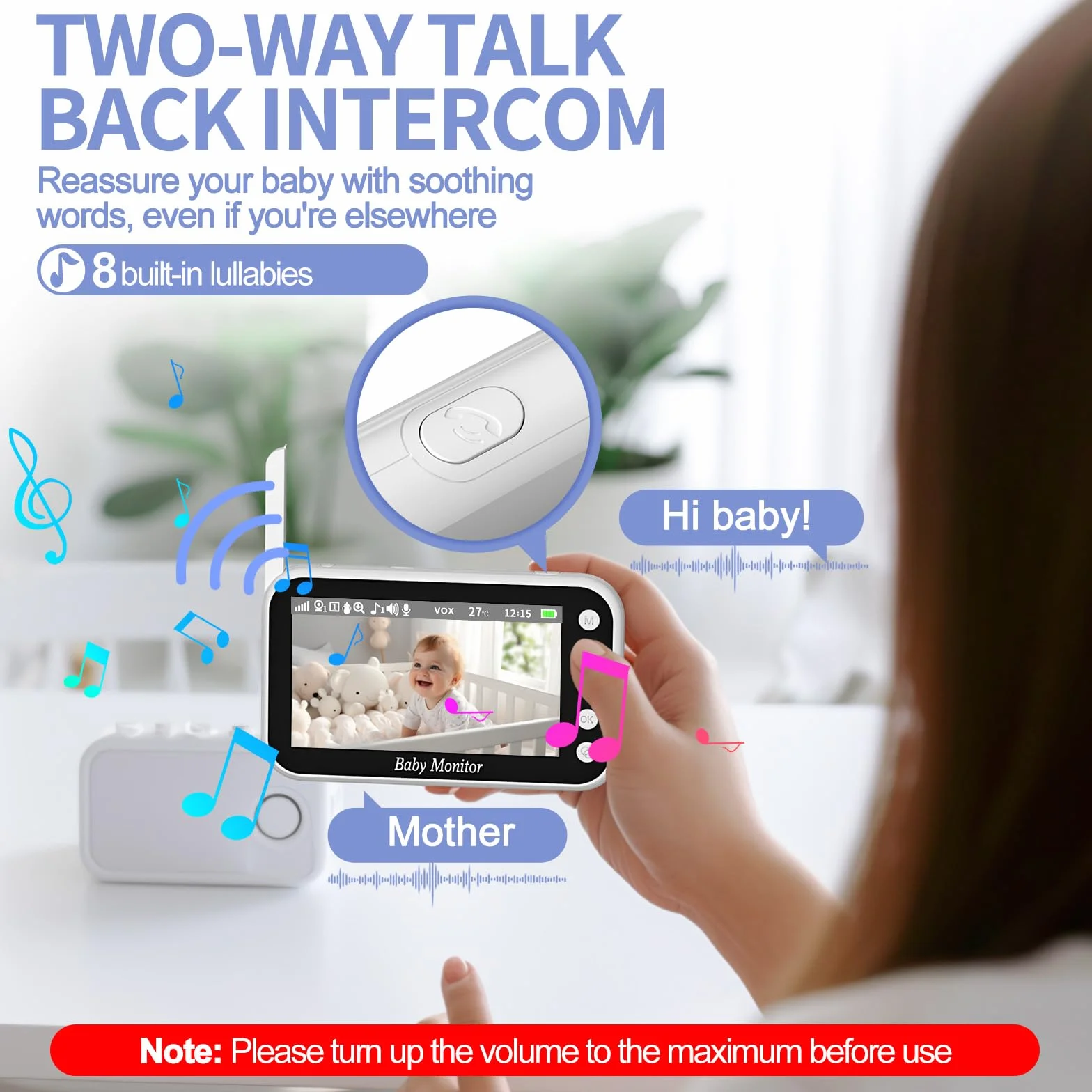 Baby Monitor Video e Audio 720P Display 4.3 Pollici Zoom Digitale VOX Audio Bidirezionale Rilevamento Temperatura