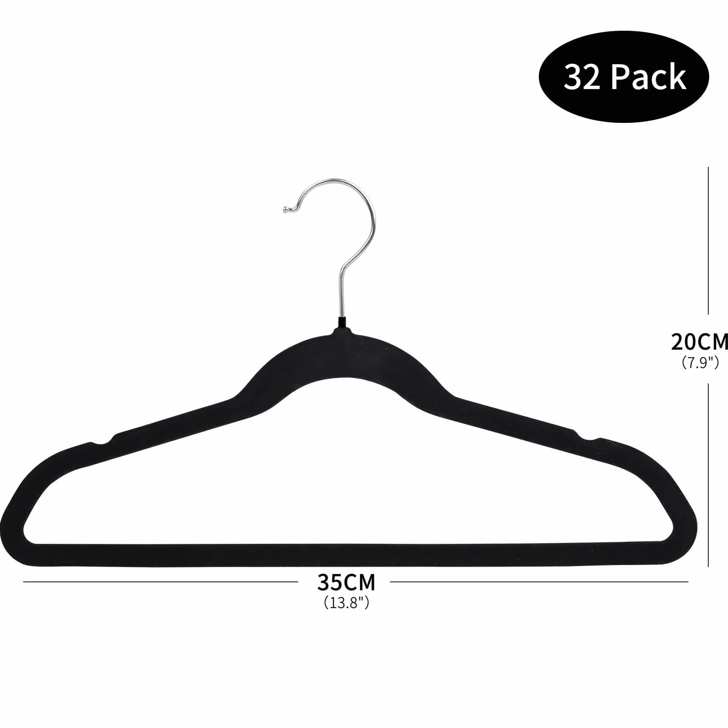 ManGotree Grucce di Velluto per Bambini 35cm, Appendiabiti Ultra-sottili con Gancio Girevole 360°, Antiscivolo in Feltro, Confezione da 32, Nero