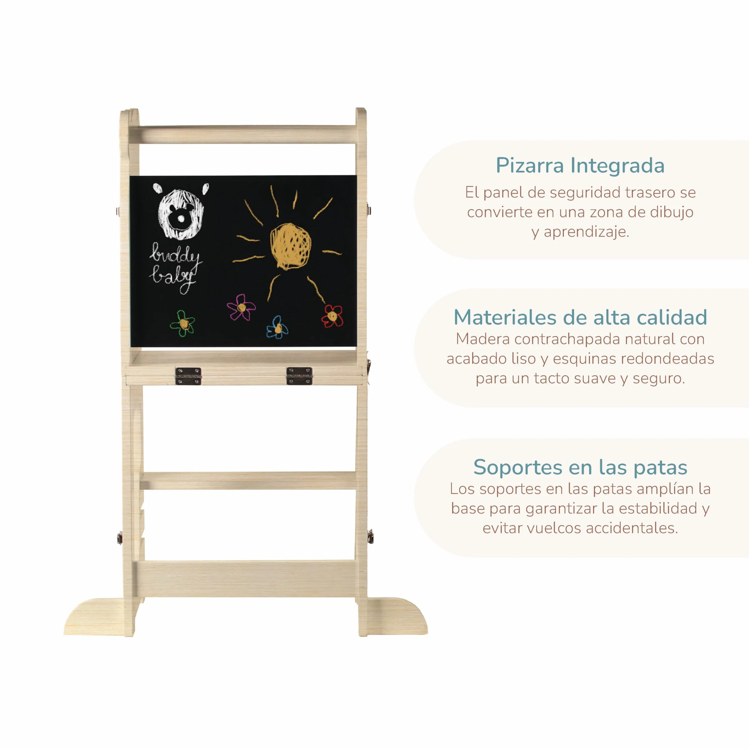 Buddy Baby Xperimenta Torre di apprendimento Montessoriana in legno trasformabile in scrivania e sgabello pieghevole per cucina con barra di sicurezza