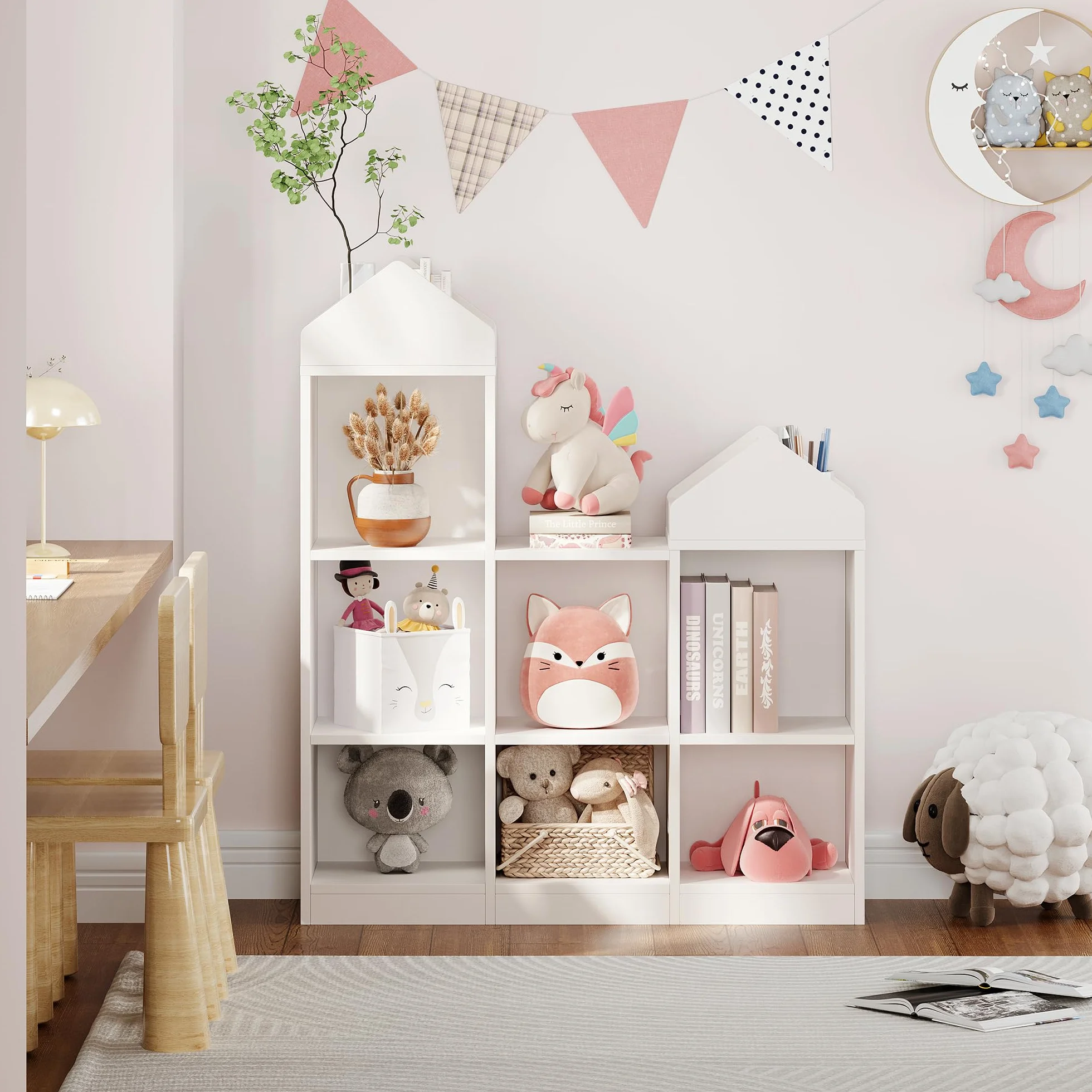Litake Scaffale giocattoli bambini 9 scomparti 2 in 1 casetta libreria organizzatore bianco 92x30x108 cm