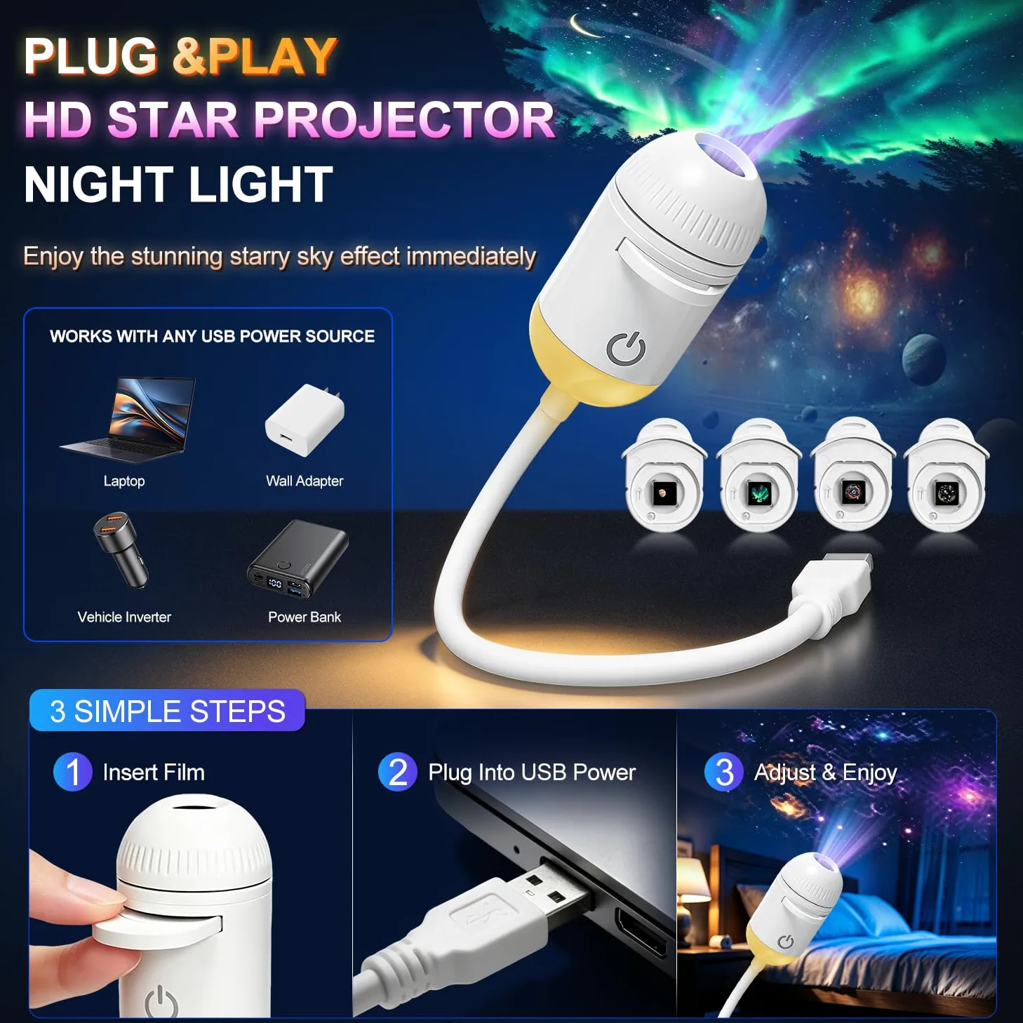 Proiettore di luce notturna della galassia, 2-in-1 USB della lampada della stella del regalo per i bambini | Luminosità regolabile, decorazione per soffitto della parete dell'auto e della stanza, 24 pellicole