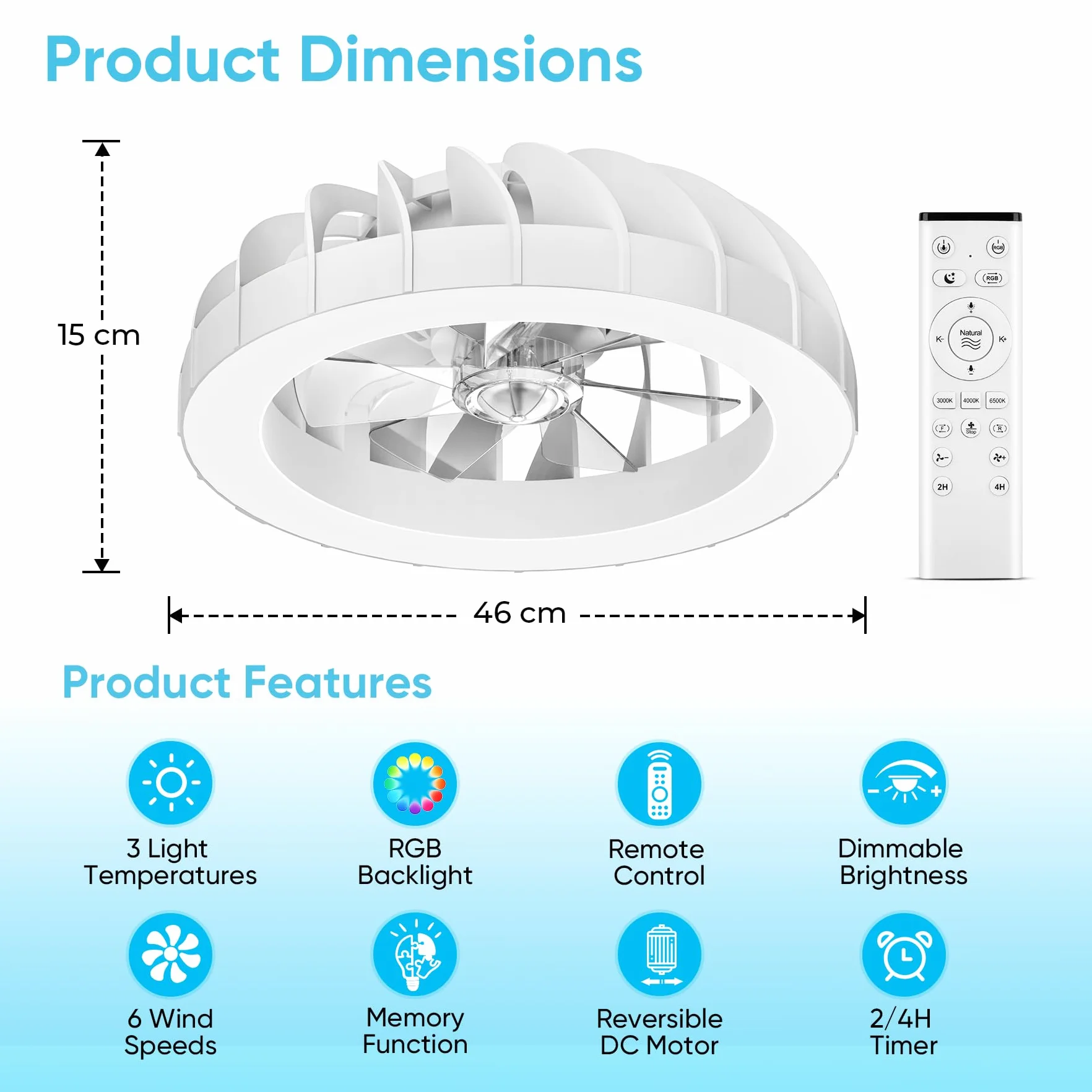 46cm Ventilatore da Soffitto con Luce e Telecomando, 6 Velocità Silenzioso Lampadario con Ventilatore da Soffitto, Timer, 3000k-6500k & RGB Plafoniera Ventilatore per Camera da Letto Soggiorno