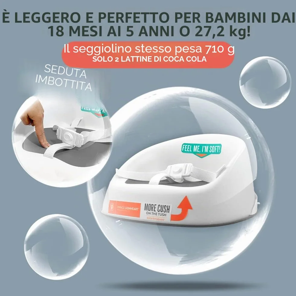 Prince Lionheart Booster Seduta Squish Grigio 18m+ 5yrs 27kg Leggera Imbracatura 3 Punti Base Rigida Antiscivolo