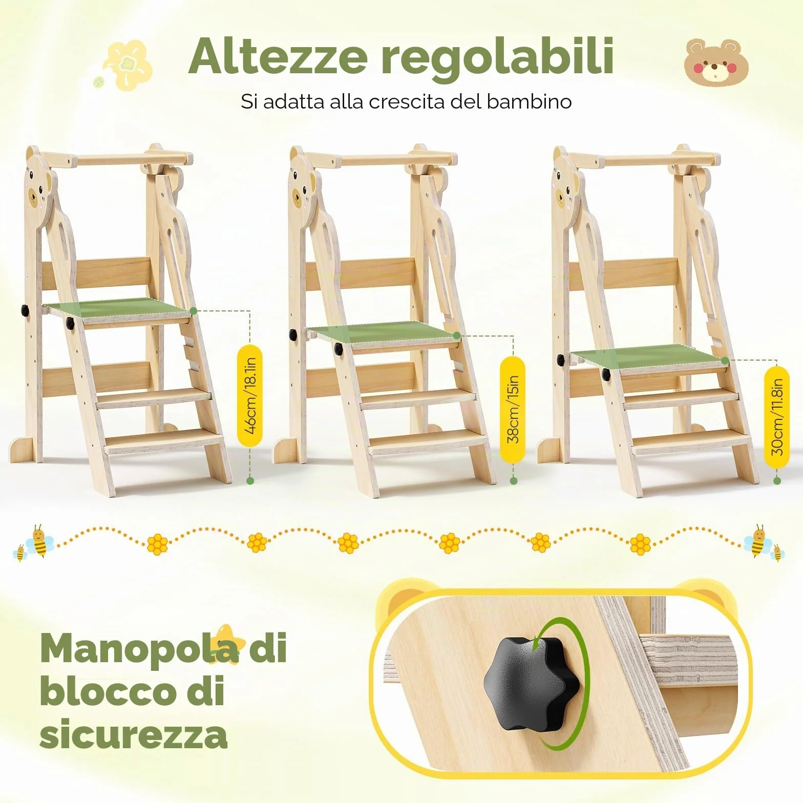 Torre montessoriana pieghevole per bambini, Montessori Learning Tower regolabile in altezza, legno naturale
