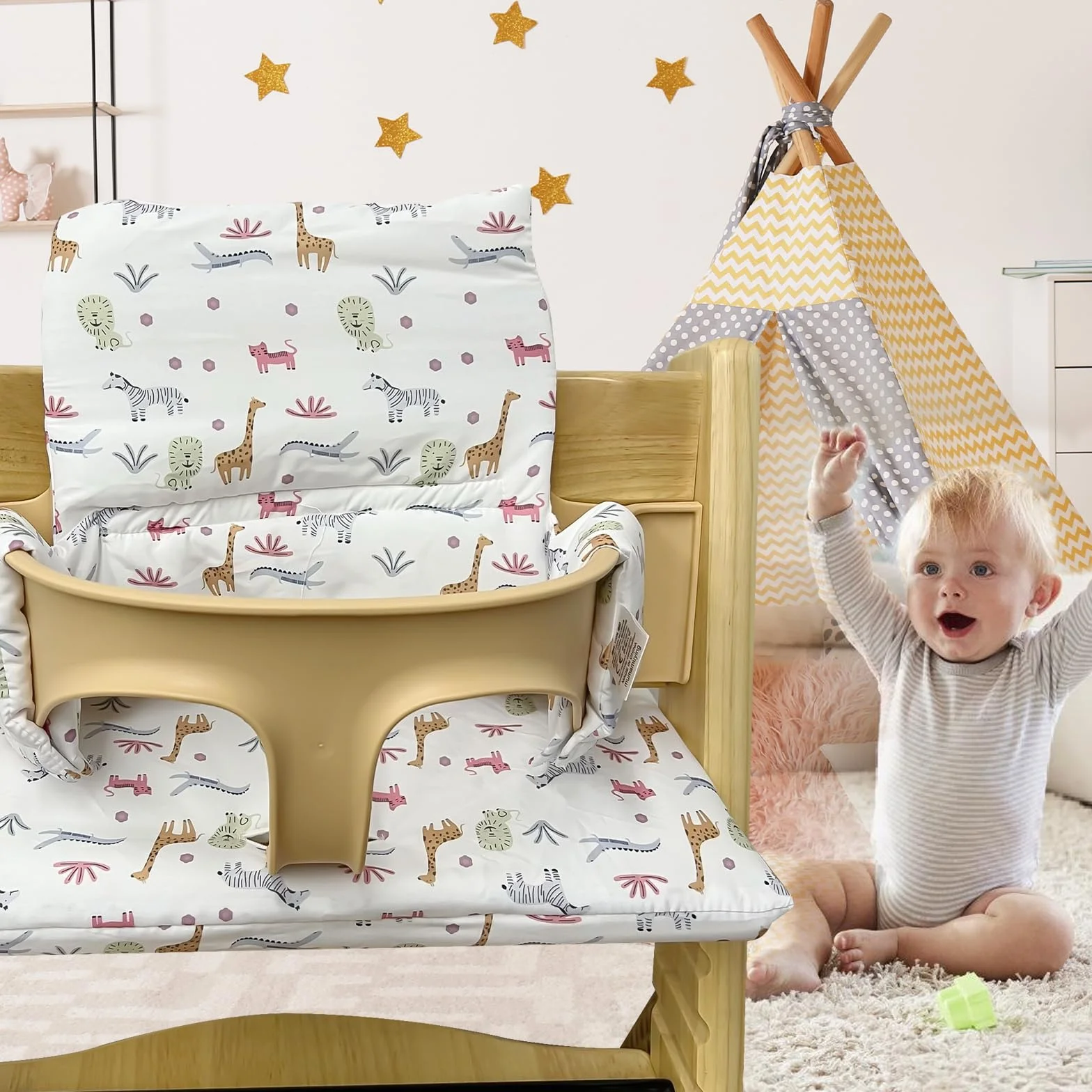 Cuscino per seggiolone Stokke antiscivolo cotone biologico lavabile motivo zoo