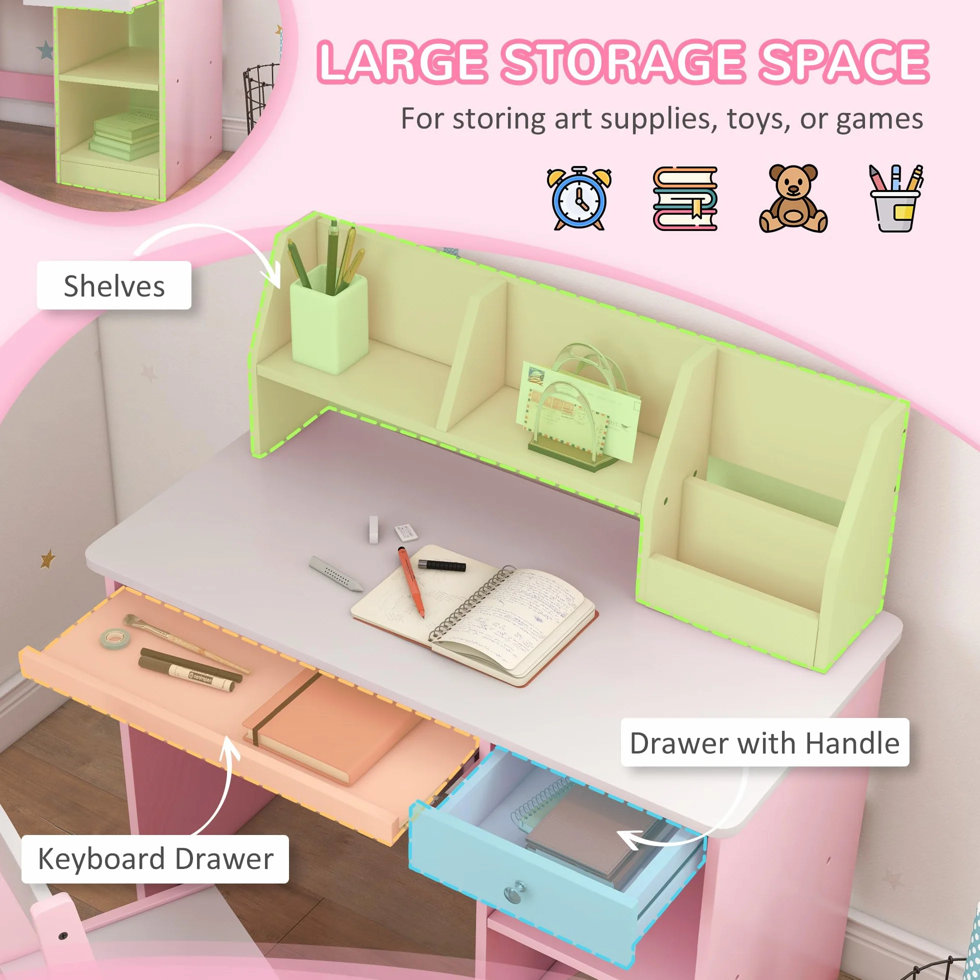ZONEKIZ Set di scrivania e sedia per bambini 2 pezzi con cassetto per tastiera, rosa