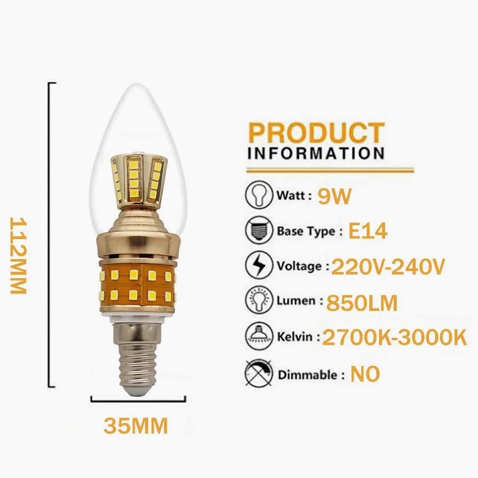 Lampada da Notte per Camera da Letto 20 lampadine a LED a Candela da 9 W C35 con Attacco E14, Bianco Caldo 2700 K, 850 lm, equivalenti a lampadine a incandescenza da 80 W