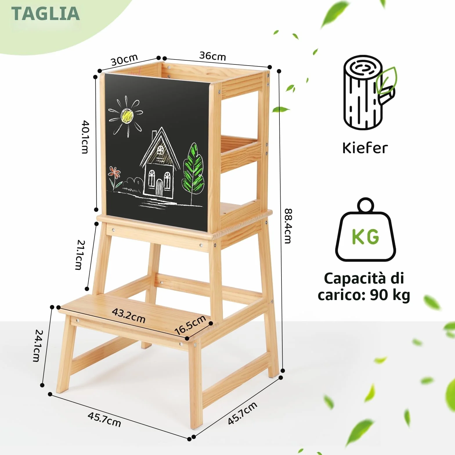 Torre Montessoriana per Bambini con Lavagna e Sbarra di Sicurezza, Sgabello Estraibile per Adulti, Naturale