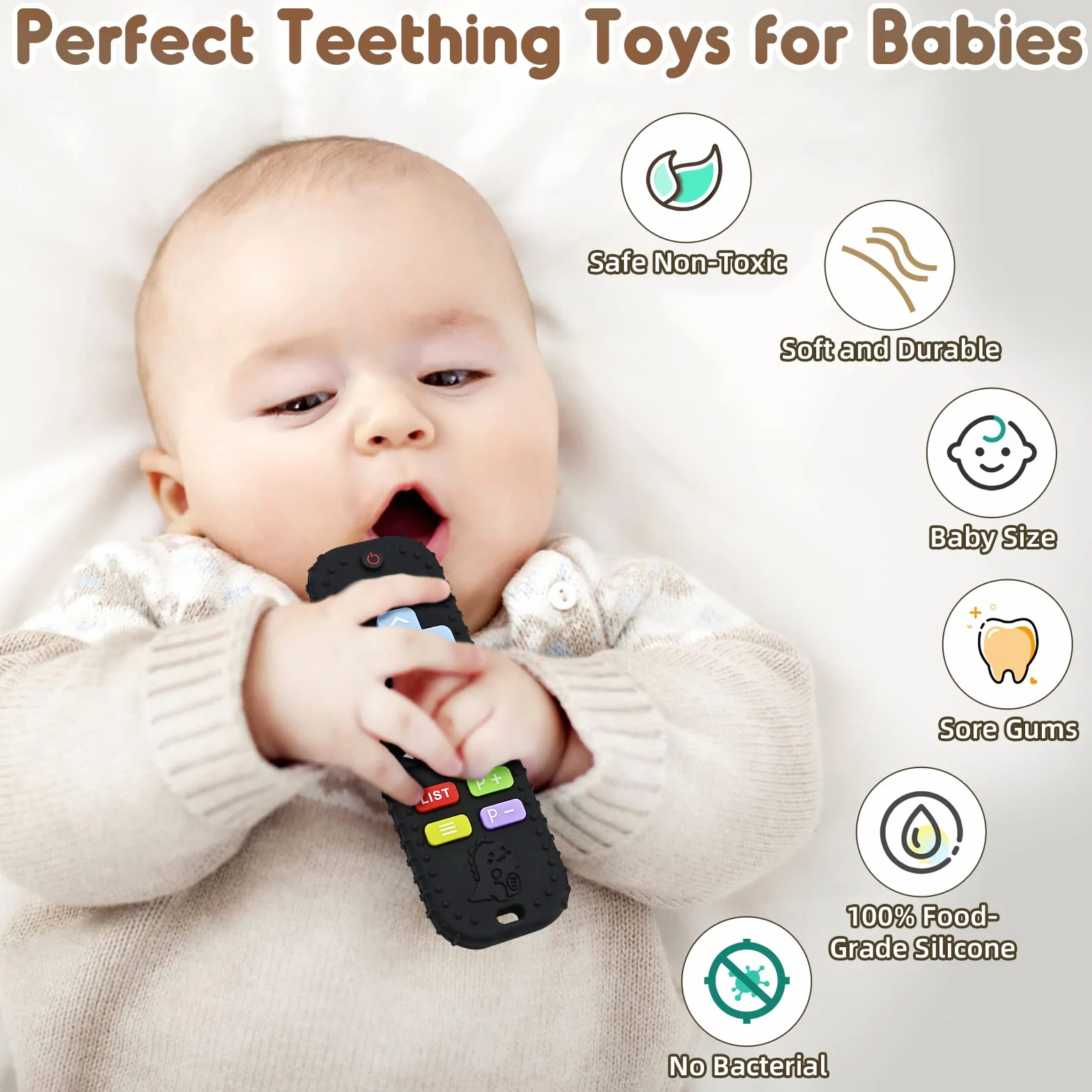 Giocattoli Sensoriali in Silicone per Dentizione Bambini 3-12 Mesi, Telecomando Bagno Neonato Nero