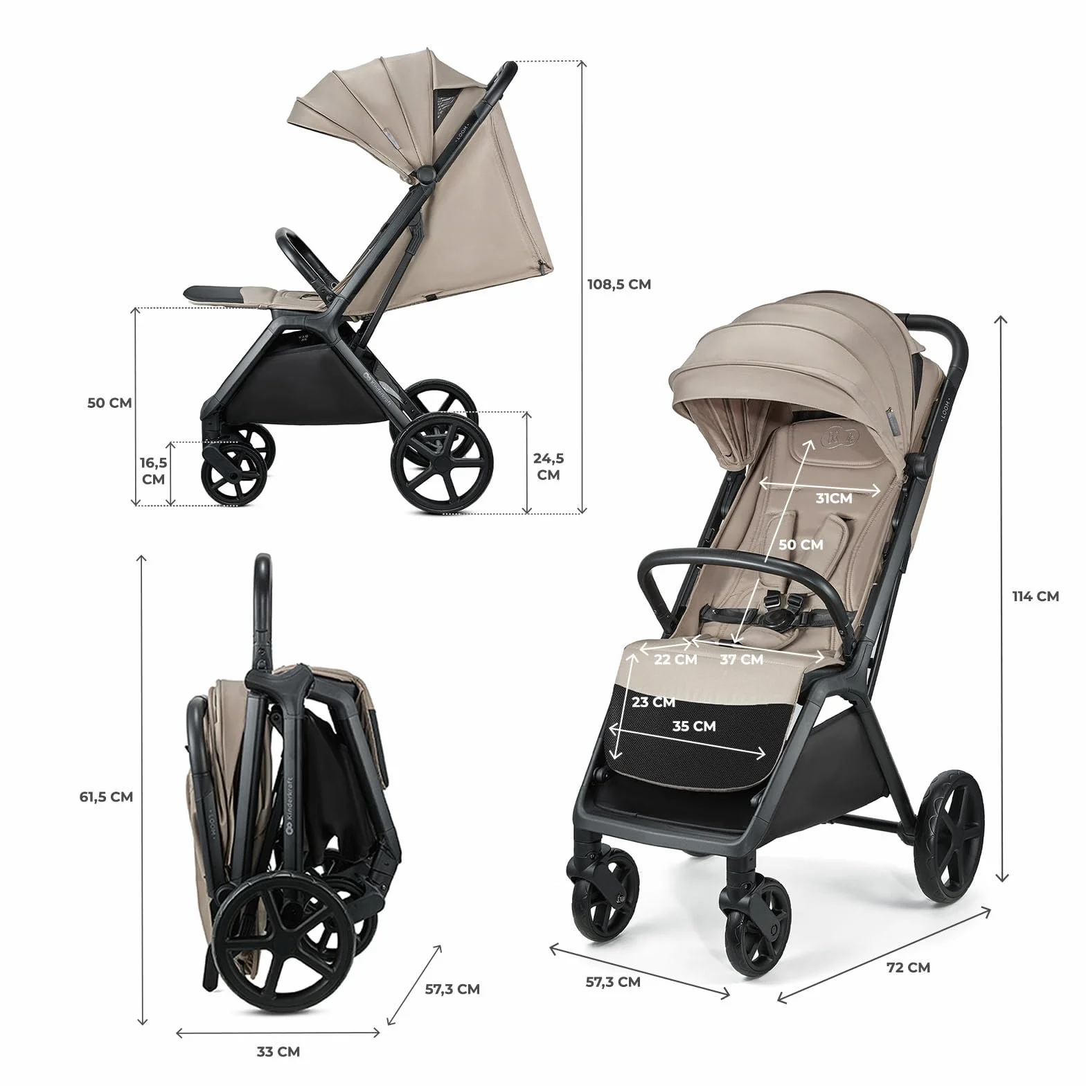 Kinderkraft LOOM Passeggino leggero 27kg, Chiusura una mano, cesto sotto, capottina estensibile, Barra sicurezza, Beige