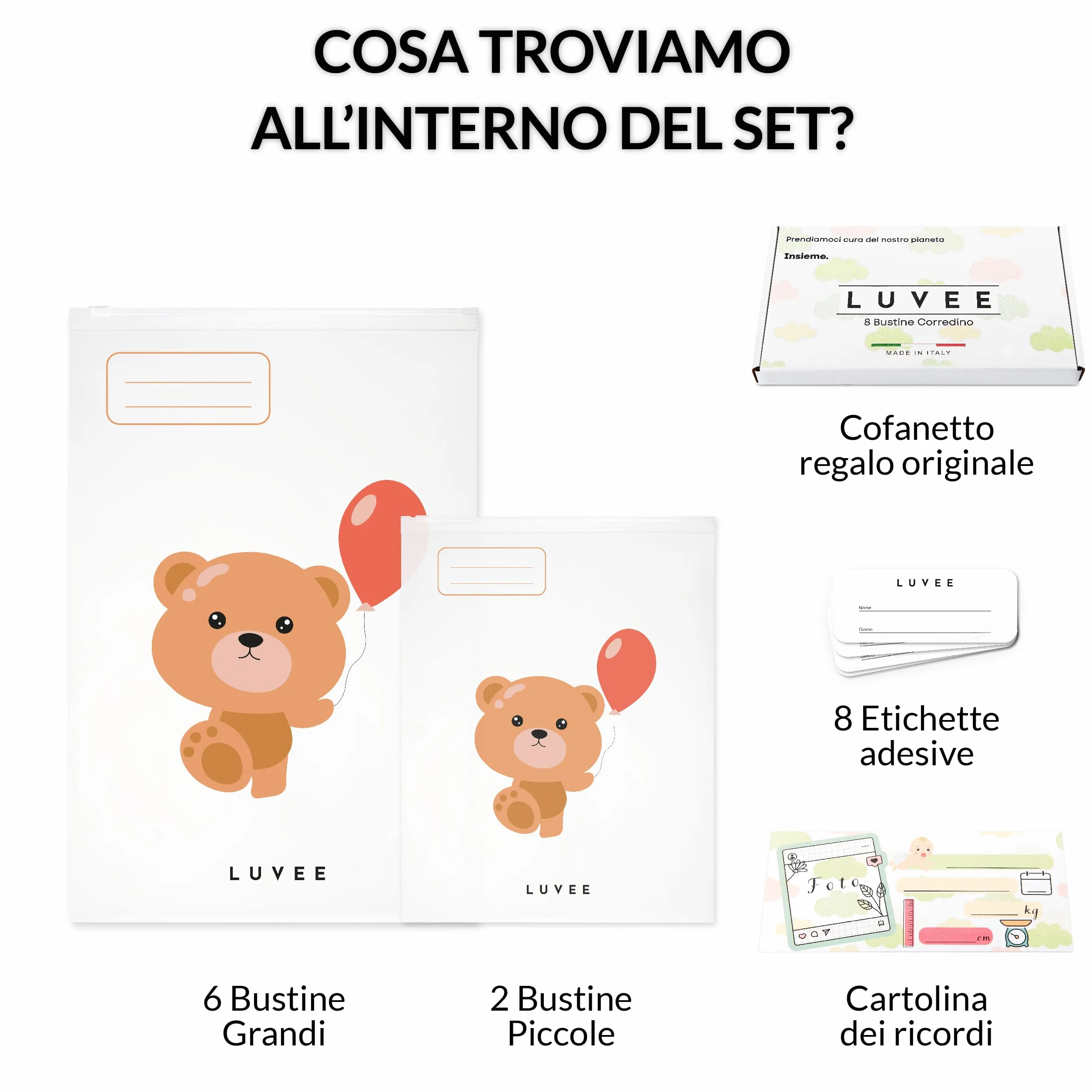 LUVEE Corredino Neonato Ospedale UNISEX 8 Bustine con Etichette Adesive Made in Italy Sacchetti Cambio Riutilizzabili