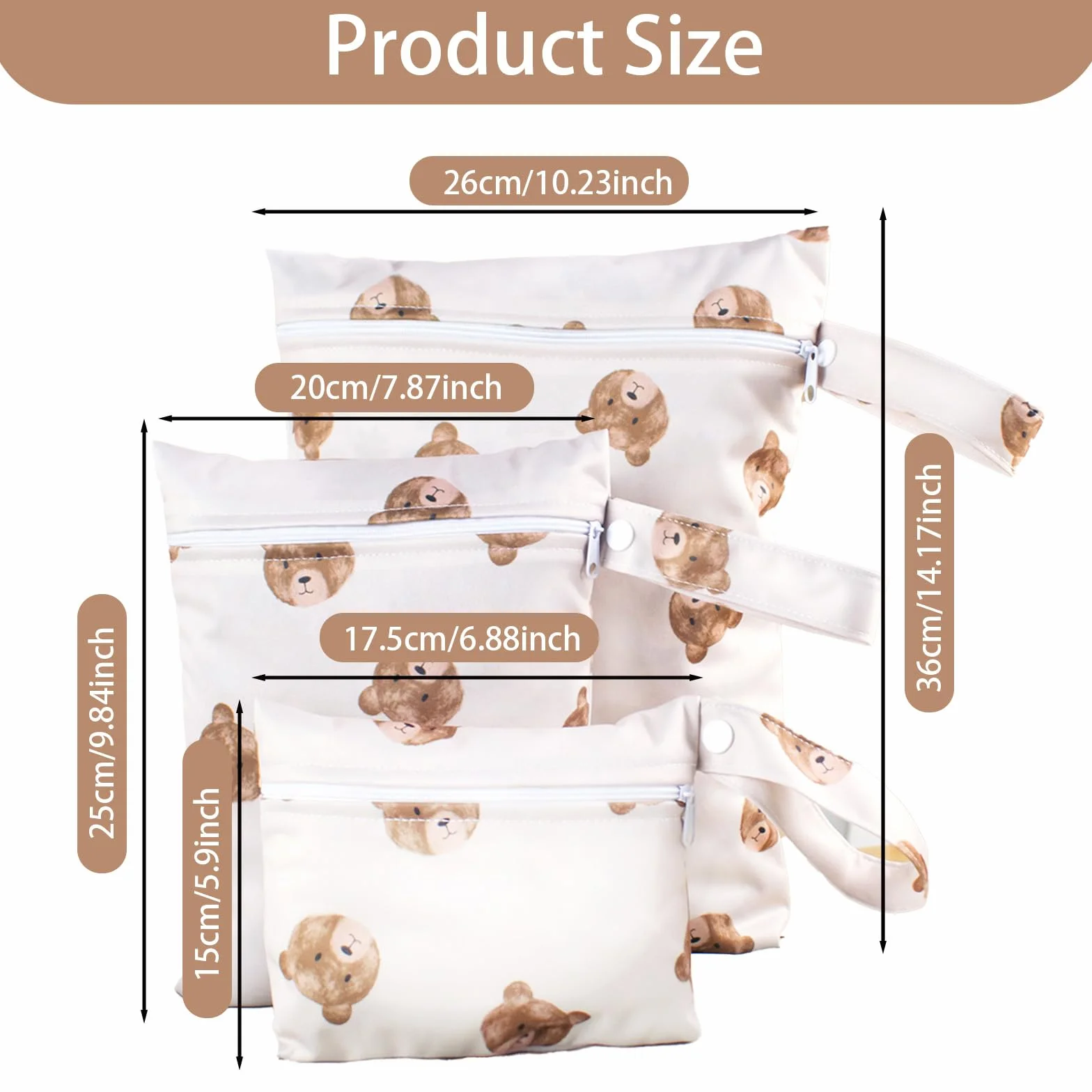 Borsa Pannolini Impermeabile Wet Bag 3 Pezzi Modello Orso con Zip da Appendere per Viaggio