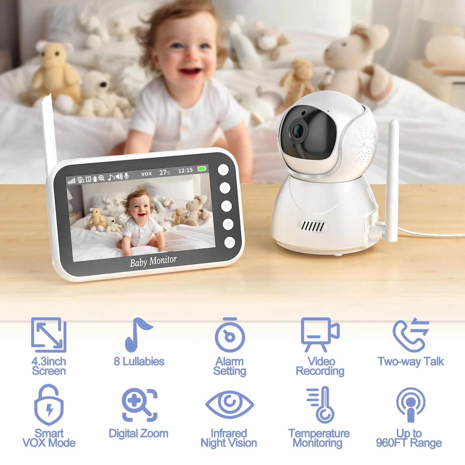 Baby Monitor Video e Audio 720P Display 4.3 Pollici Zoom Digitale VOX Audio Bidirezionale Rilevamento Temperatura