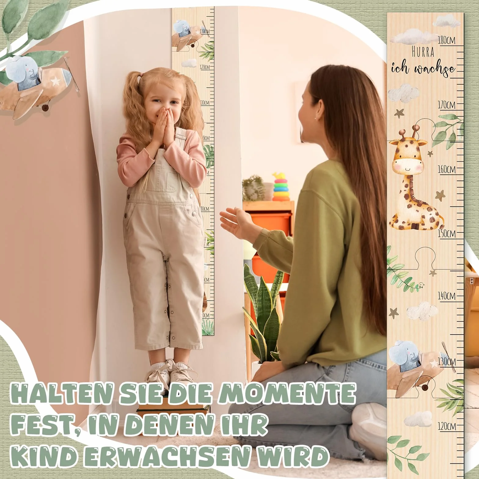 Metro da Parete per Bambini in Legno con Motivo Animali Tabella Altezza 50-180 cm Regalo di Nascita