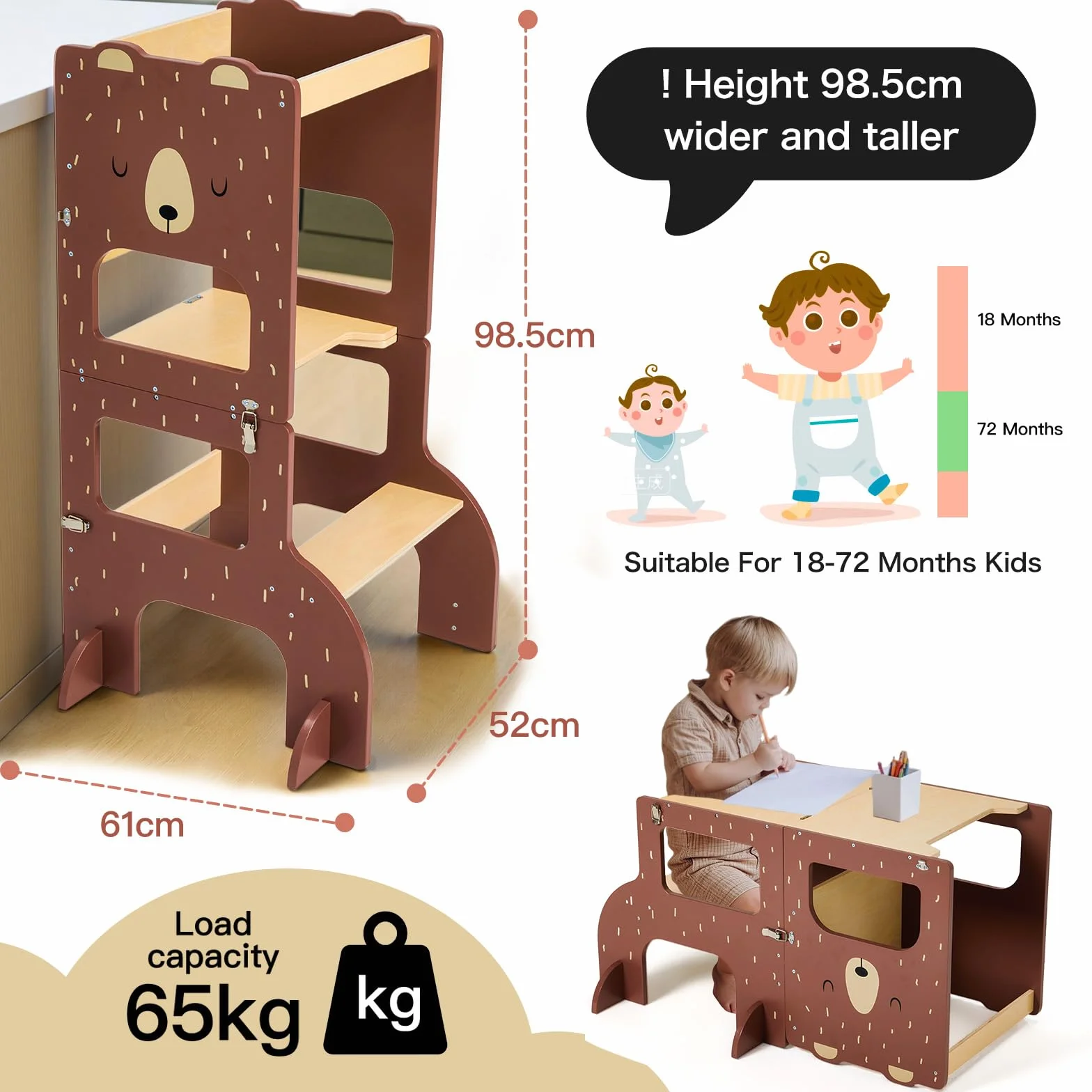 Labebe Torre Montessoriana Pieghevole in Legno Grandi Dimensioni 3 in 1 con Lavagna Orso Bruno