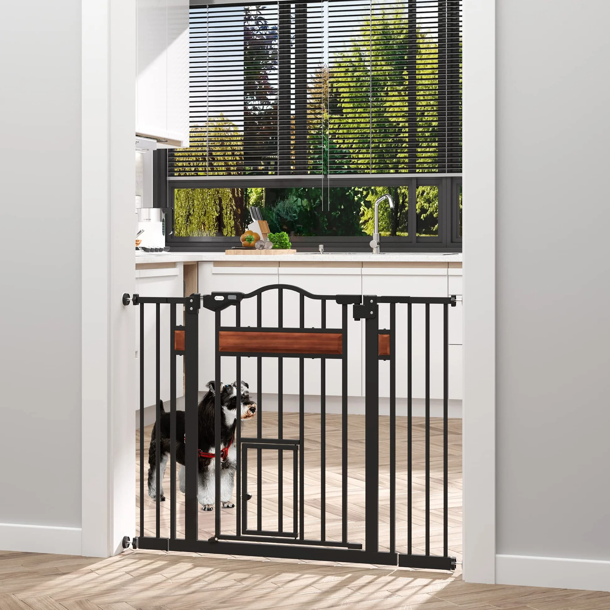 PawHut Cancelletto per Cani in Acciaio Legno di Pino Plastica 74-105x76.2 cm Nero