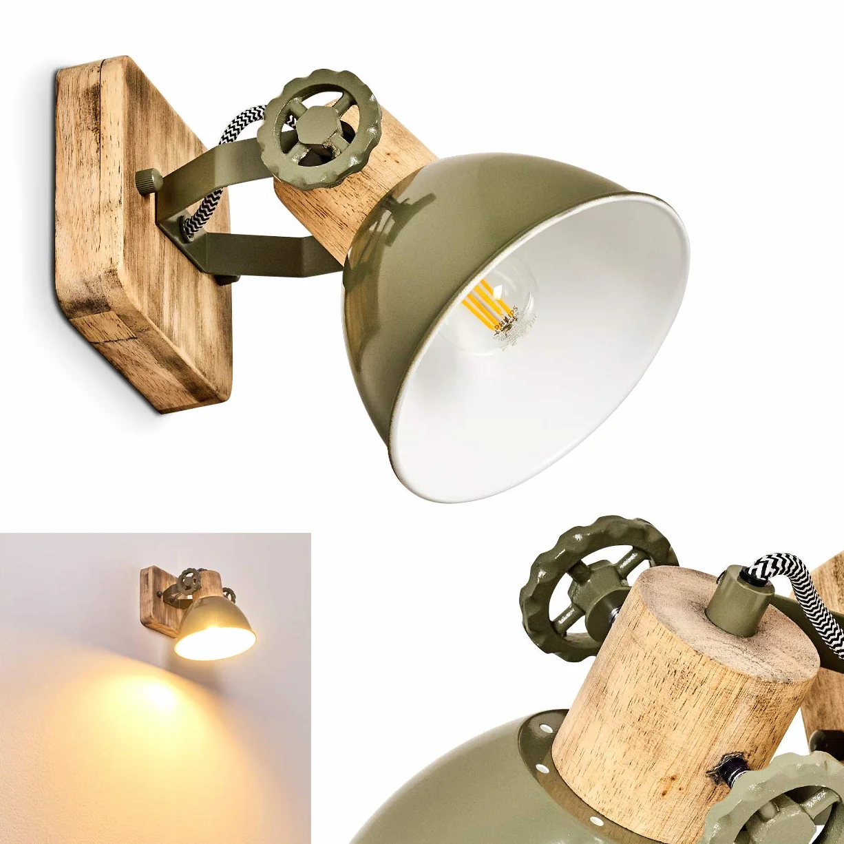 Lampada da parete Orny, lampada da parete regolabile in metallo/legno in verde/bianco/marrone, 1 luce, 1 attacco E27, spot da parete in design retro/vintage, senza lampadina/e