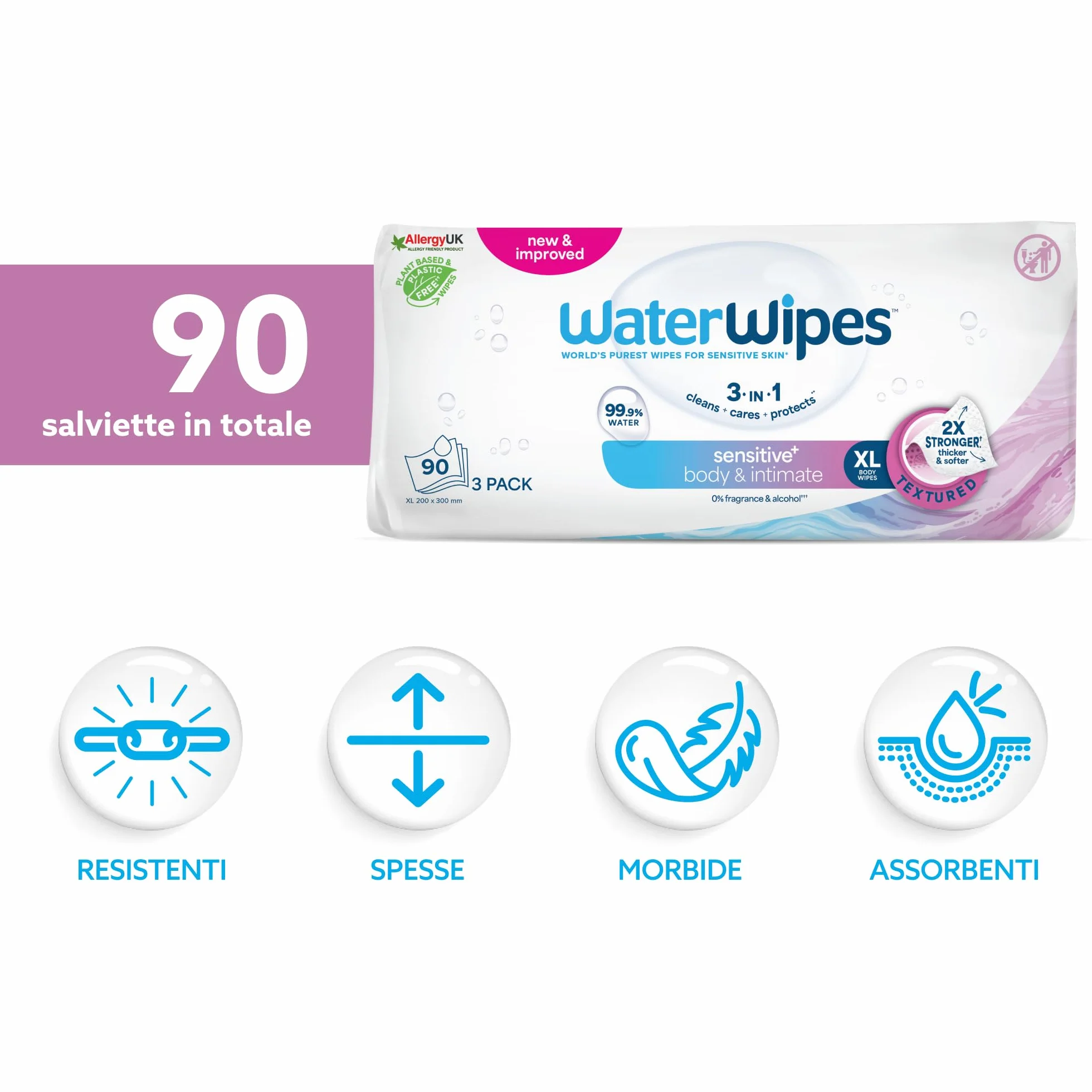 WaterWipes Sensitive+ Body & Intimate Wipes, 90 Pezzi (3 Confezioni), 99,9% Acqua, Senza Profumo