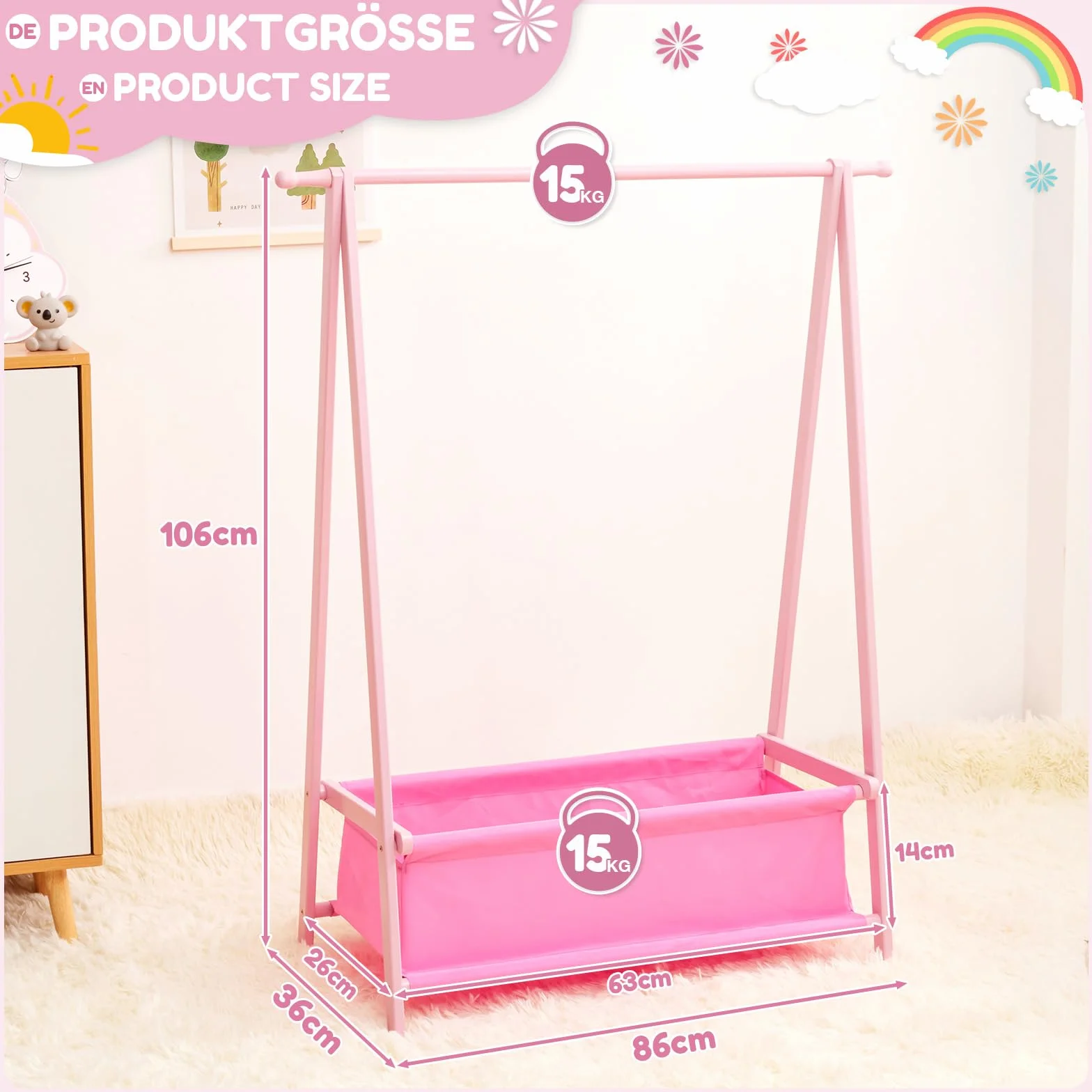 Yorbay Scaffale per Abbigliamento per Bambini con Contenitore, Pieghevole, Bambù