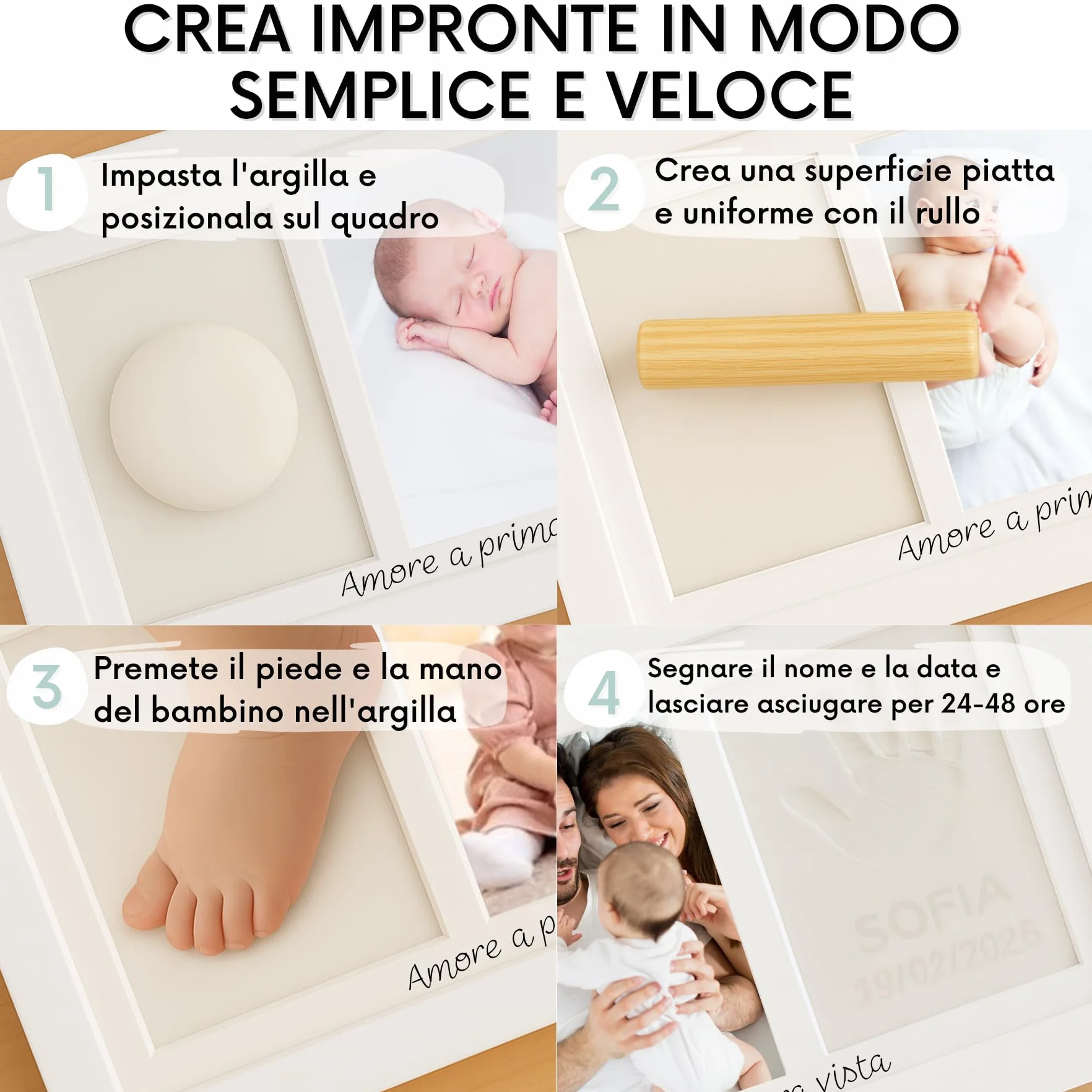 Kit impronte neonato con argilla e cornice per calco mani e piedi, idea regalo nascita o battesimo, ricordo originale bianco