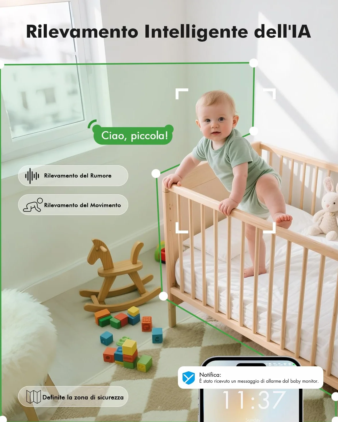 Baby Monitor WiFi 4,3" 360° PTZ Telecamera Bambini con Monitor Videocamera Neonato IPS Schermo 2500mAh Luce Notturna Controllo APP Mobile Visione Notturna Ninne Nanne