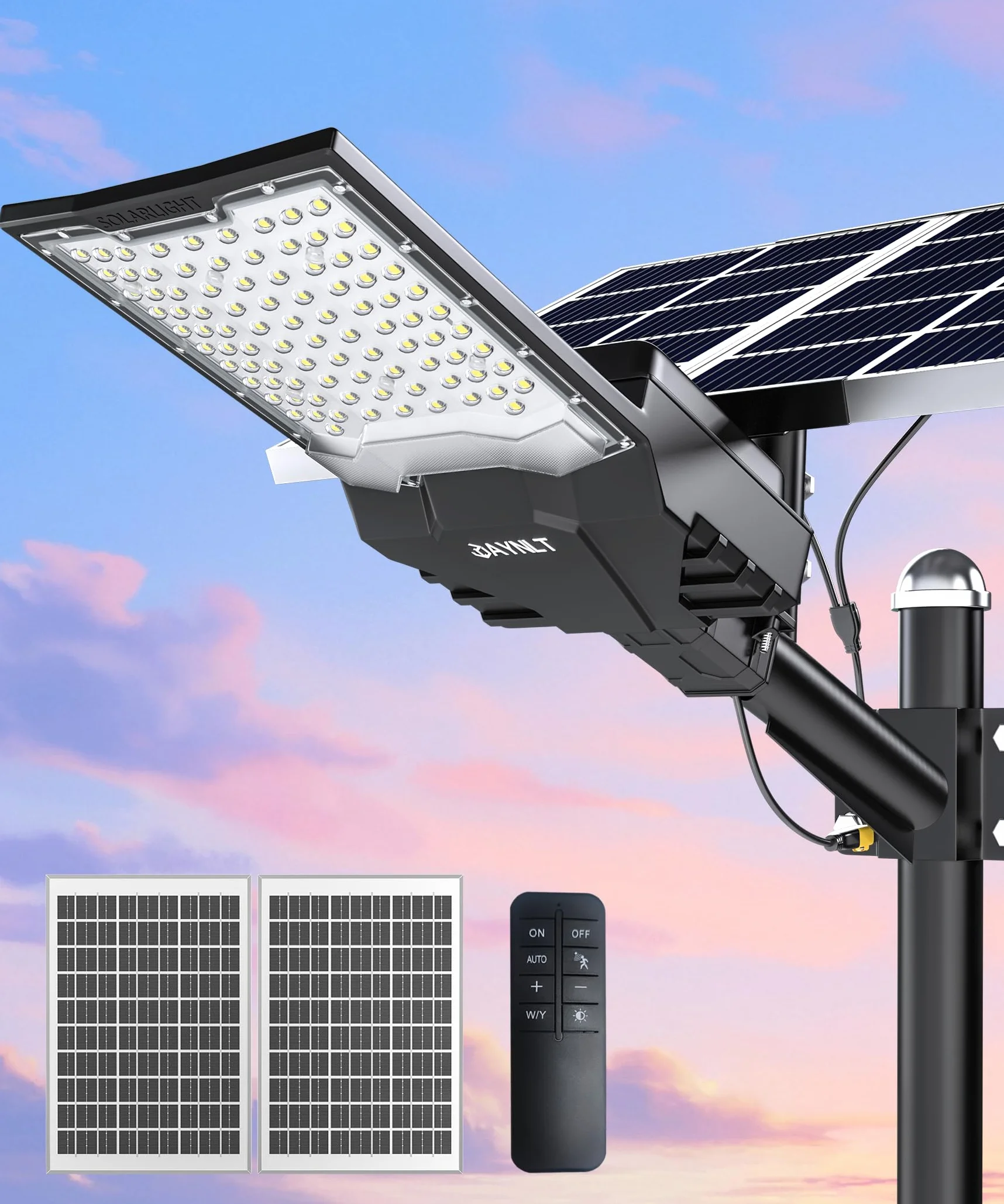 JAYNLT X-18000W Lampione Solare LED Esterno, 6500K Faro led Esterno con Pannello Solare, IP67 Impermeabile lampioni Solari con Telecomando, Lampione Stradale per Cortile Garage Strada
