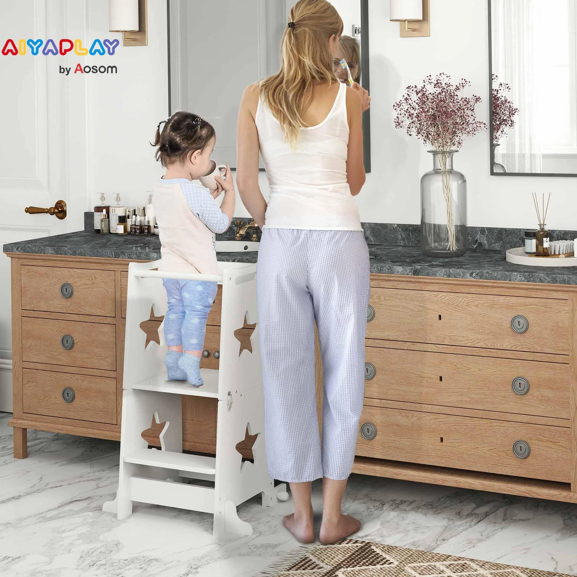 AIYAPLAY Torre Montessoriana Bambini Convertibile Set Tavolo Sedie Barra Sicurezza Sgabello Legno 3-6 Anni Apprendimento Bagno Cucina Toilette Bianco