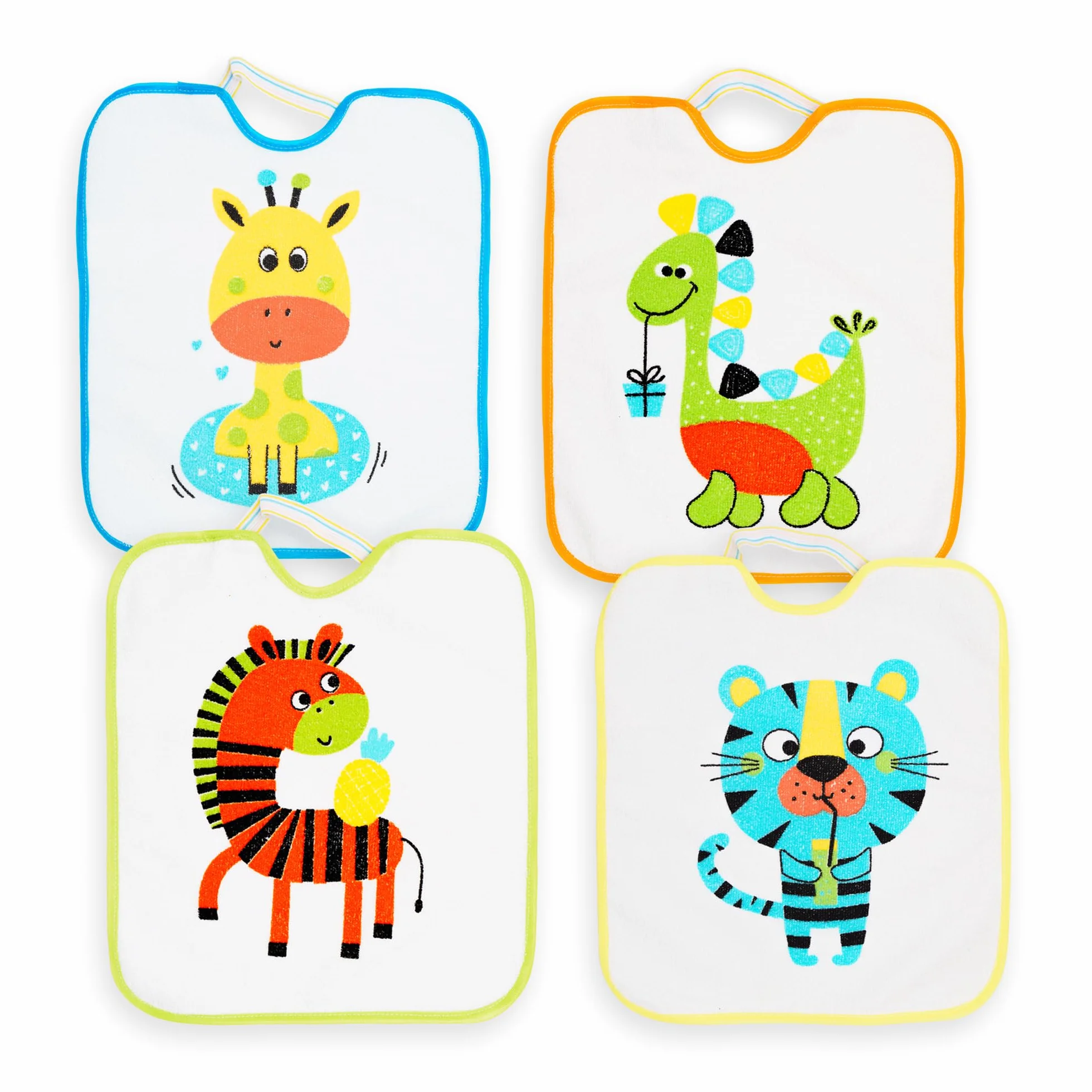Set di 4 Bavaglini Asilo con Elastico per Bambini Impermeabili Assorbenti 73% Cotone 27% Poliestere 32x28 cm