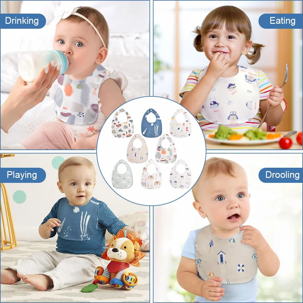 Vicloon Bavaglino Neonato 8 Pezzi Impermeabili Cotone Regolabili Assorbenti 0-3 Anni