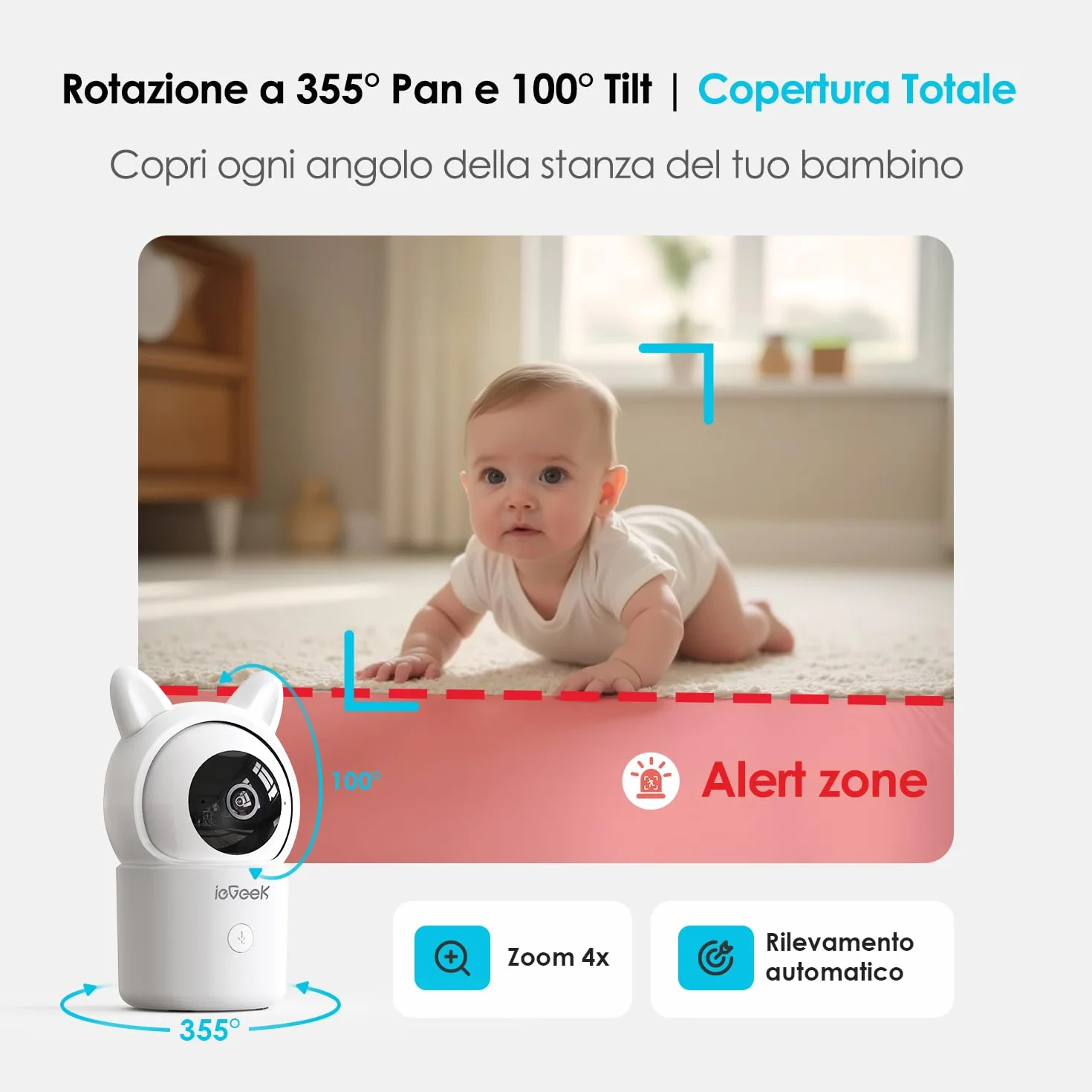 ieGeek Baby Monitor 1080P 5 Pollici Zoom 4x Rilevamento Movimento Suono Allarme Area Sicurezza Temperatura Umidità