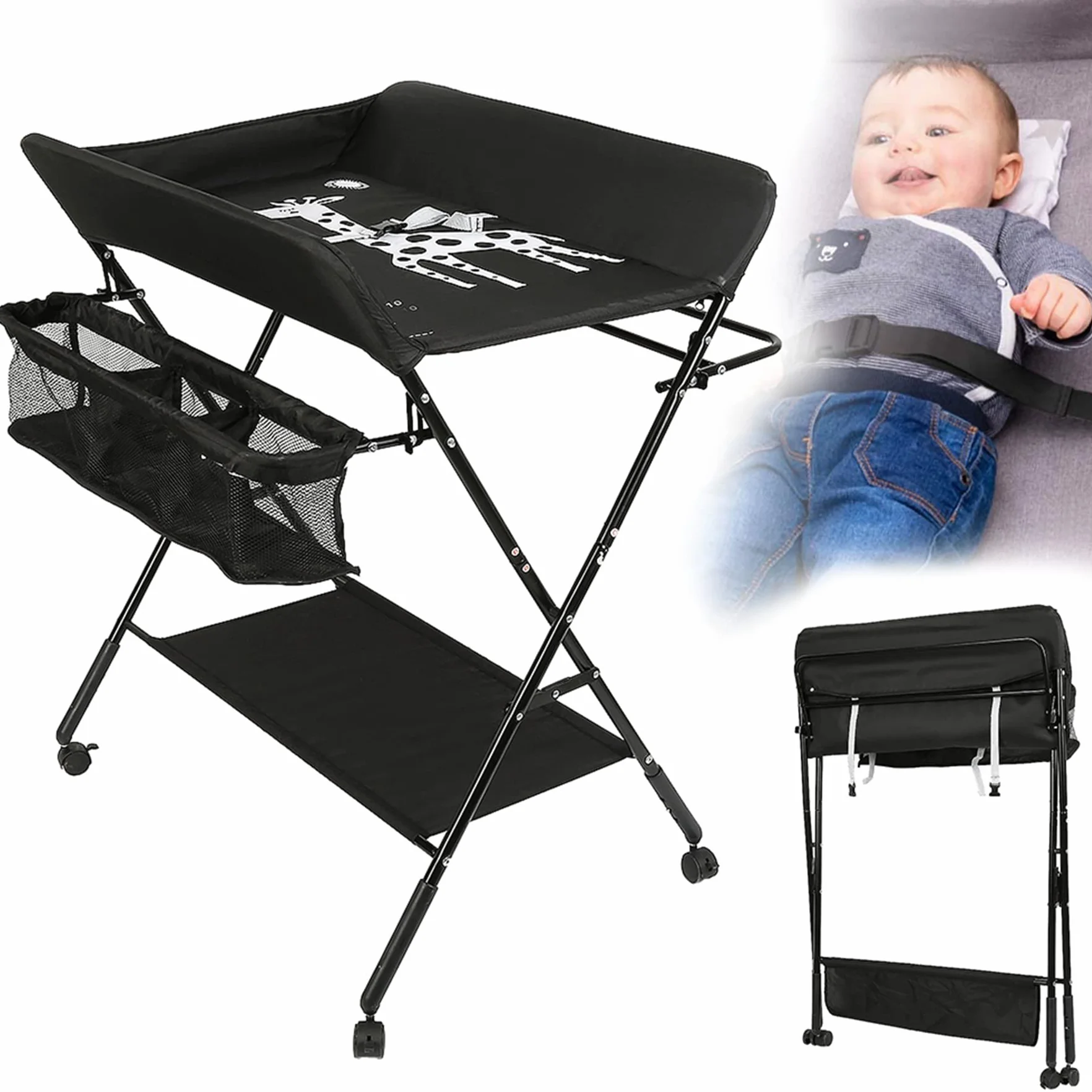 Fasciatoio Pieghevole per Neonato con Struttura Stabile, 4 Ruote con Freno, Portatile con Scomparti (80x66x98cm, Nero)