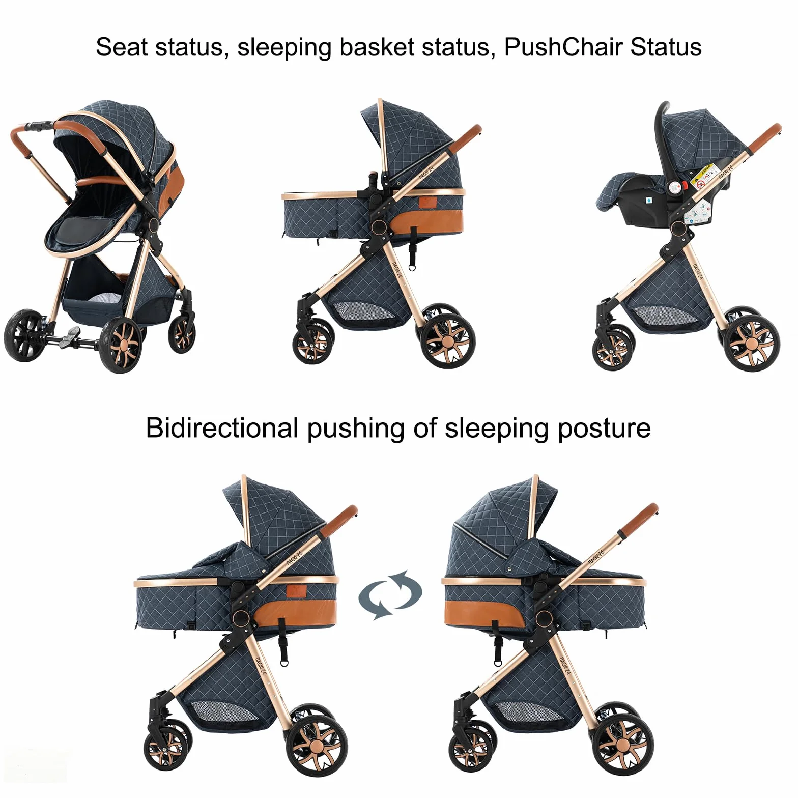 Passeggino 3 in 1 Trio Neonati Carrozzina Reversibile Spinta Bidirezionale Visione Aperta V9 Khaki