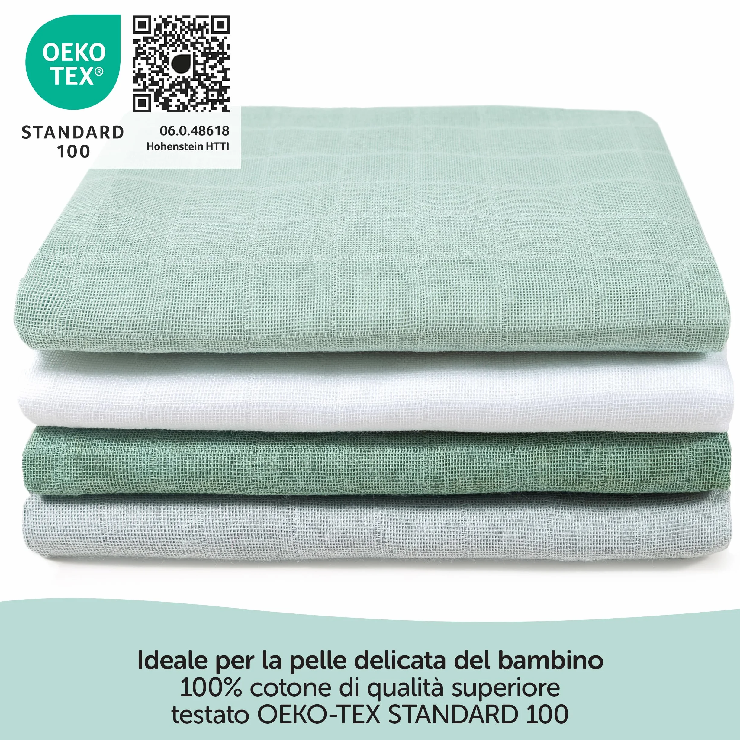 Mussole Neonato 70x70cm Cotone 100% OEKO-TEX Standard 100 Verde Bianco Menta Grigio Conf. 4