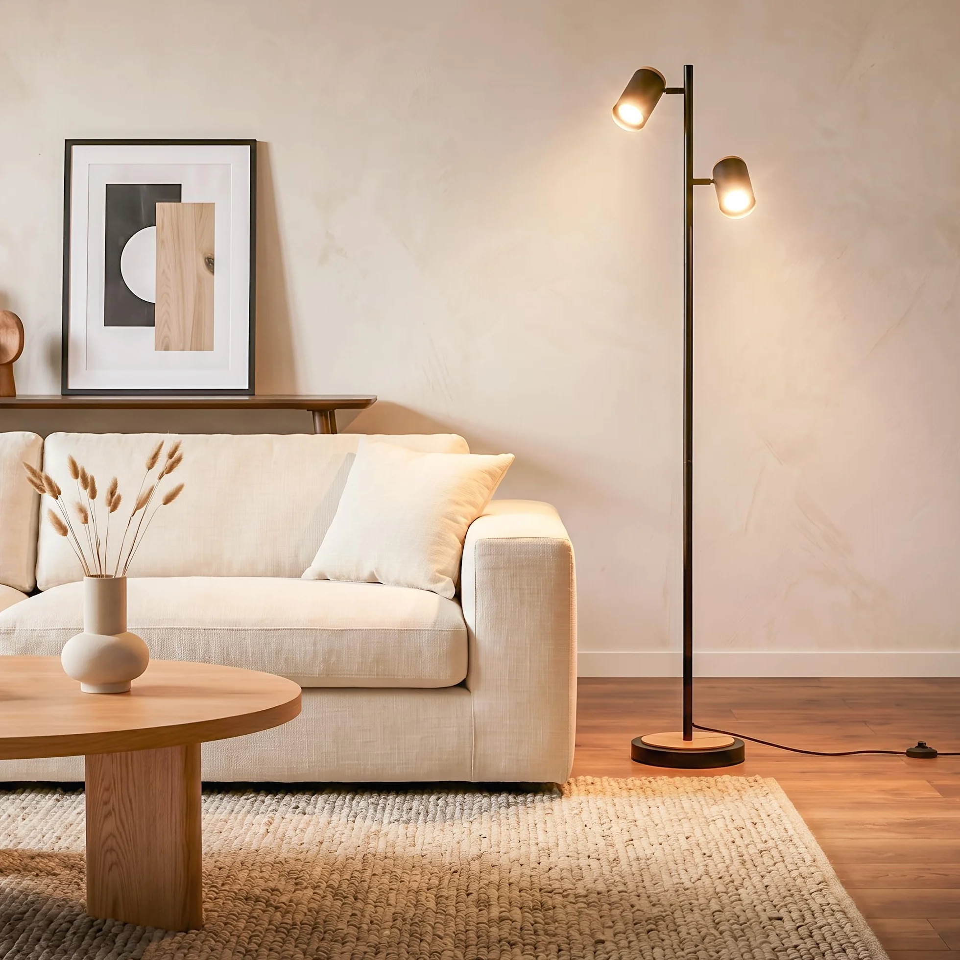 BRILONER - Lampada da terra con interruttore a cavo, faretti orientabili, 2x attacco GU10, piantana lampada da terra, lampada da terra salotto, lampada soggiorno da terra, 26x26x159,5 cm, nero-legno