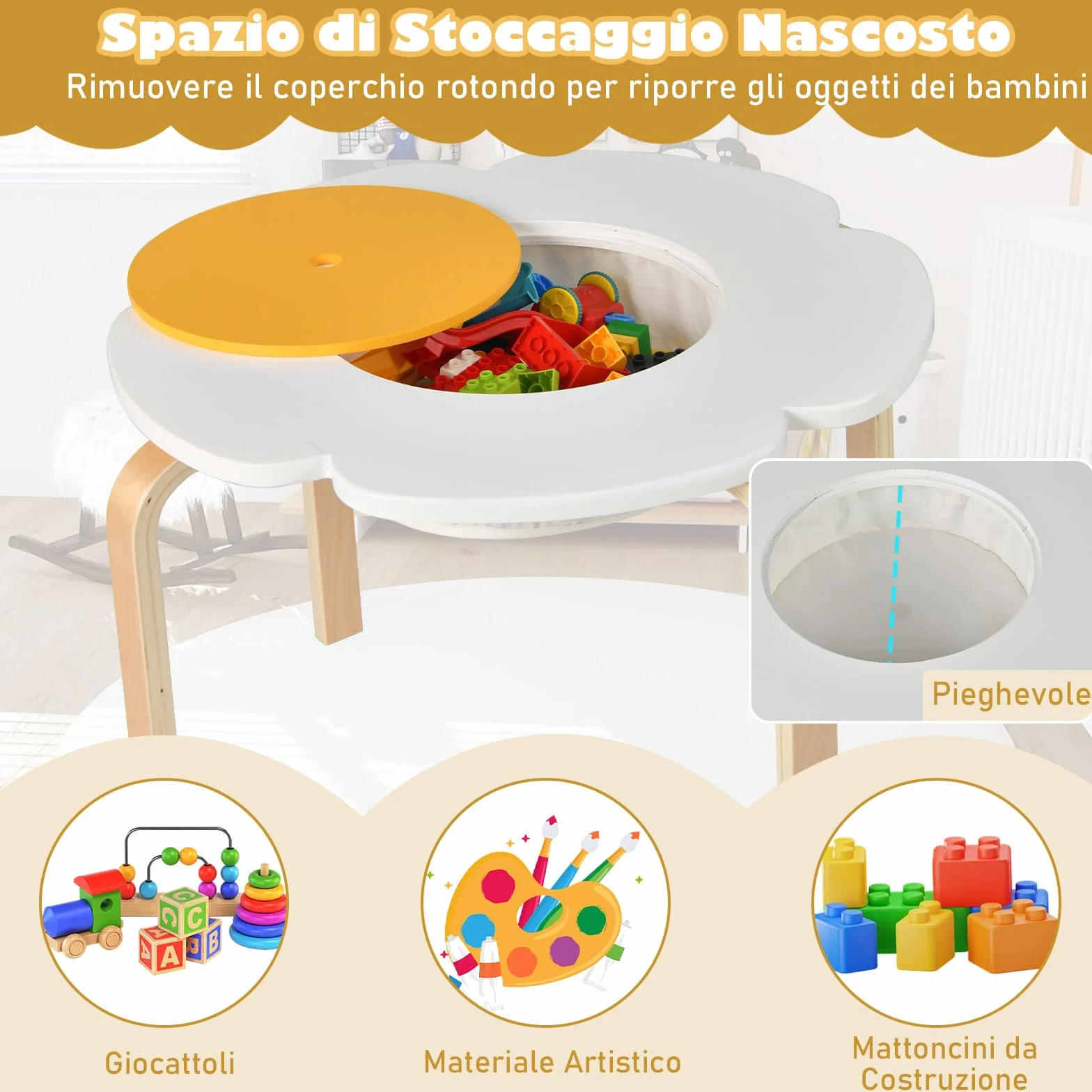 RELAX4LIFE Set Tavolo e Sedie per Bambini 5 Pezzi, Tavolo Attività in Legno a Forma di Fiore con 2 Sedie e 2 Sgabelli