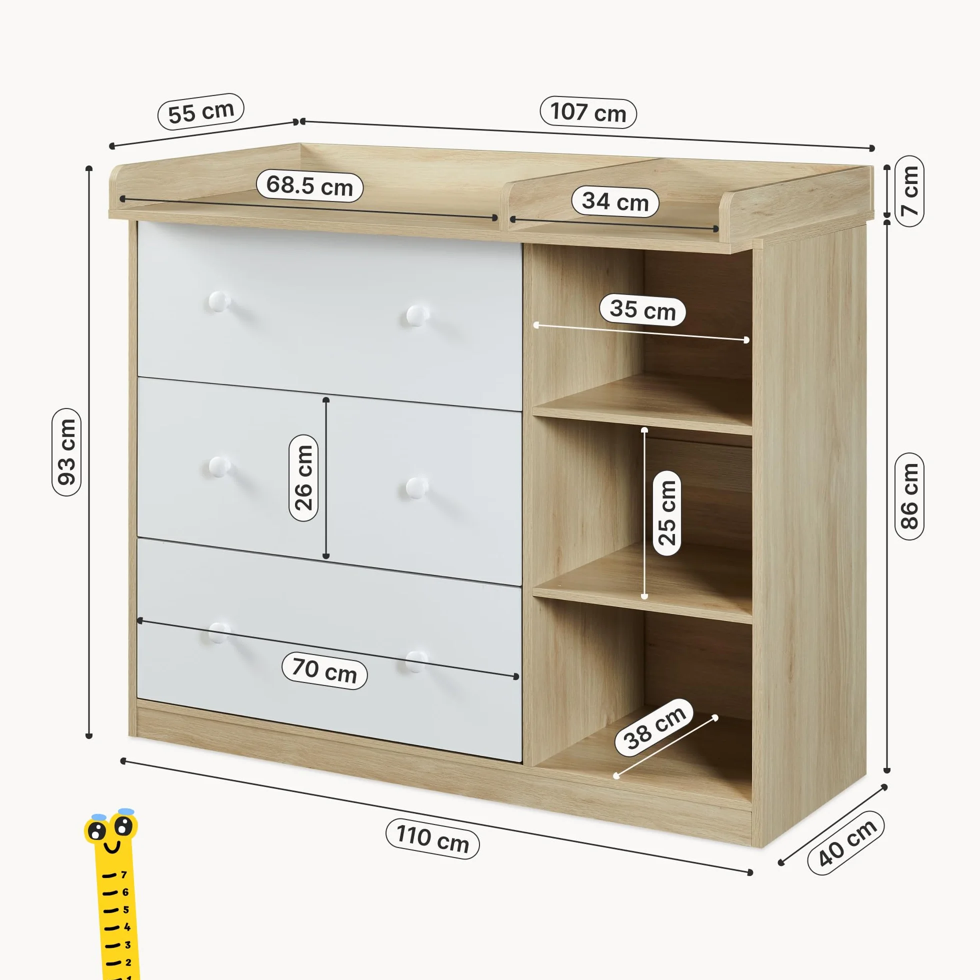 Cassettiera con Piano Fasciatoio Rimovibile 3 Cassetti 93x110x55 cm Effetto Rovere/Bianco