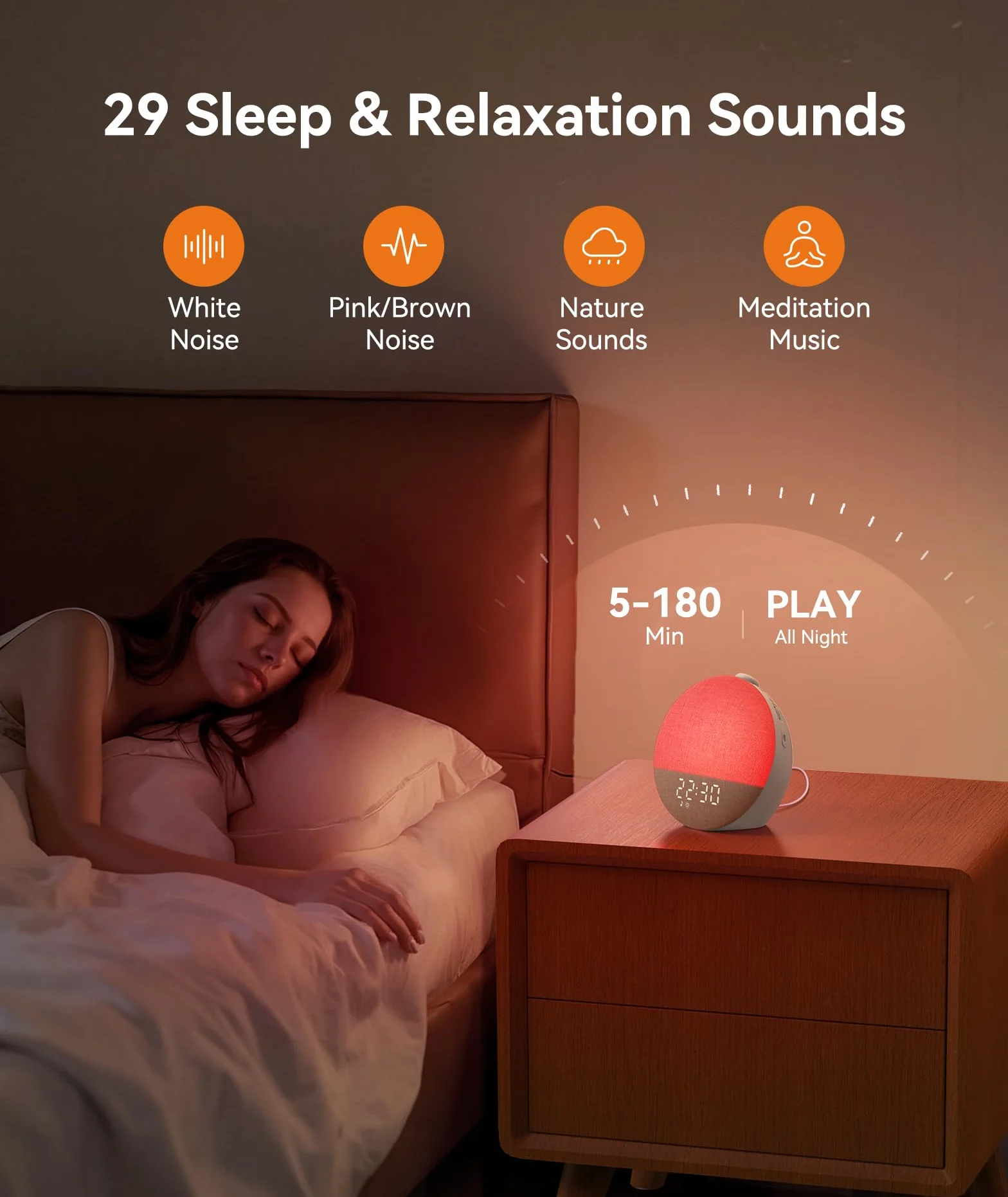 Dreamegg Sveglia Luminosa con Modalità Preferiti, Lampada da Comodino con Sveglia, 0-20 Livelli di Luminosità, 29 Tracce di Rumore Bianco per Adulti e Bambini, Funzione Snooze, per Camera da letto