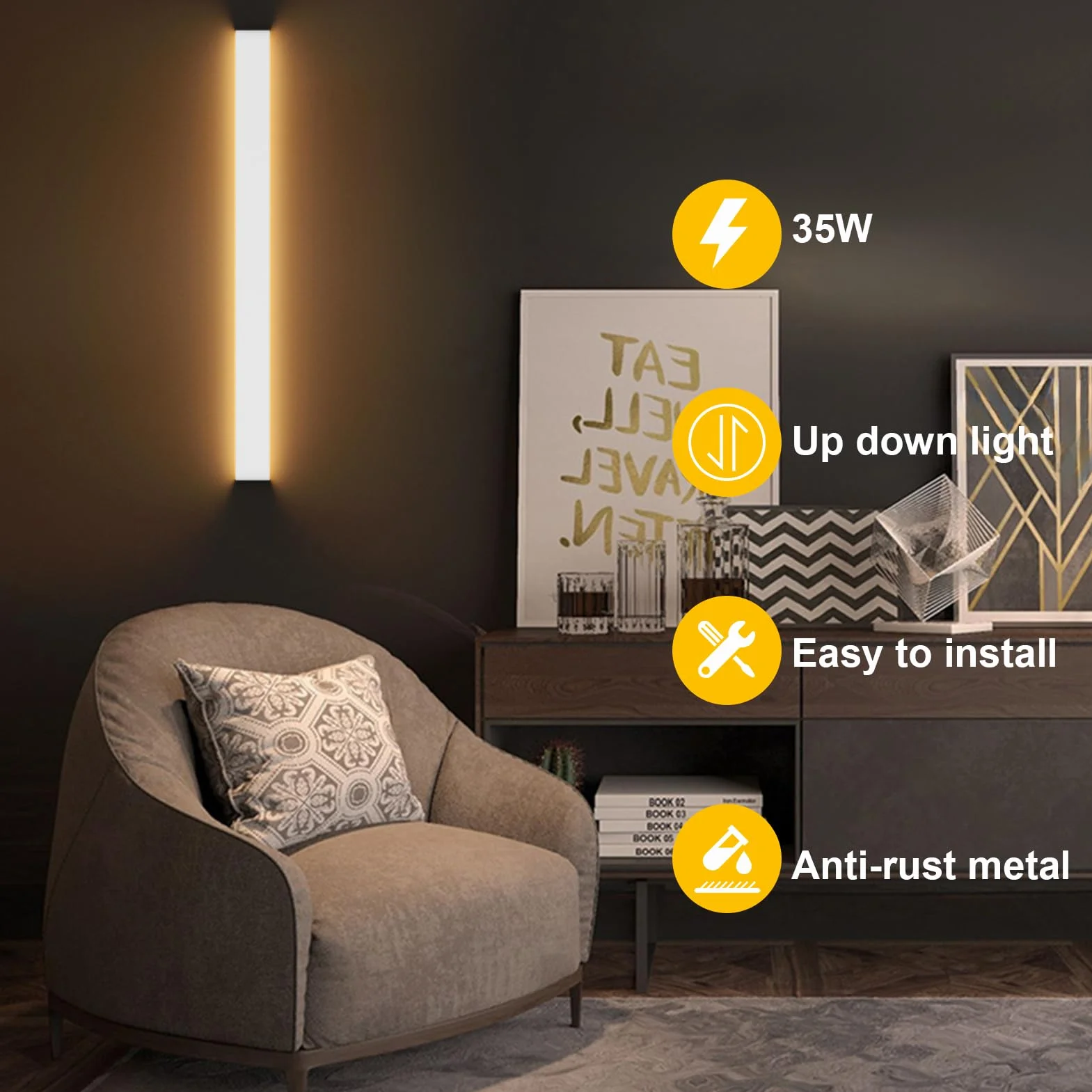 K-Bright 35W Lampada da Parete,IP 44 LED Applique da Parete con Stile Moderno Interni Lampada a Muro,3000K Bianco Caldo,4550 lumen,su giù il raggio di luce,Guscio bianco