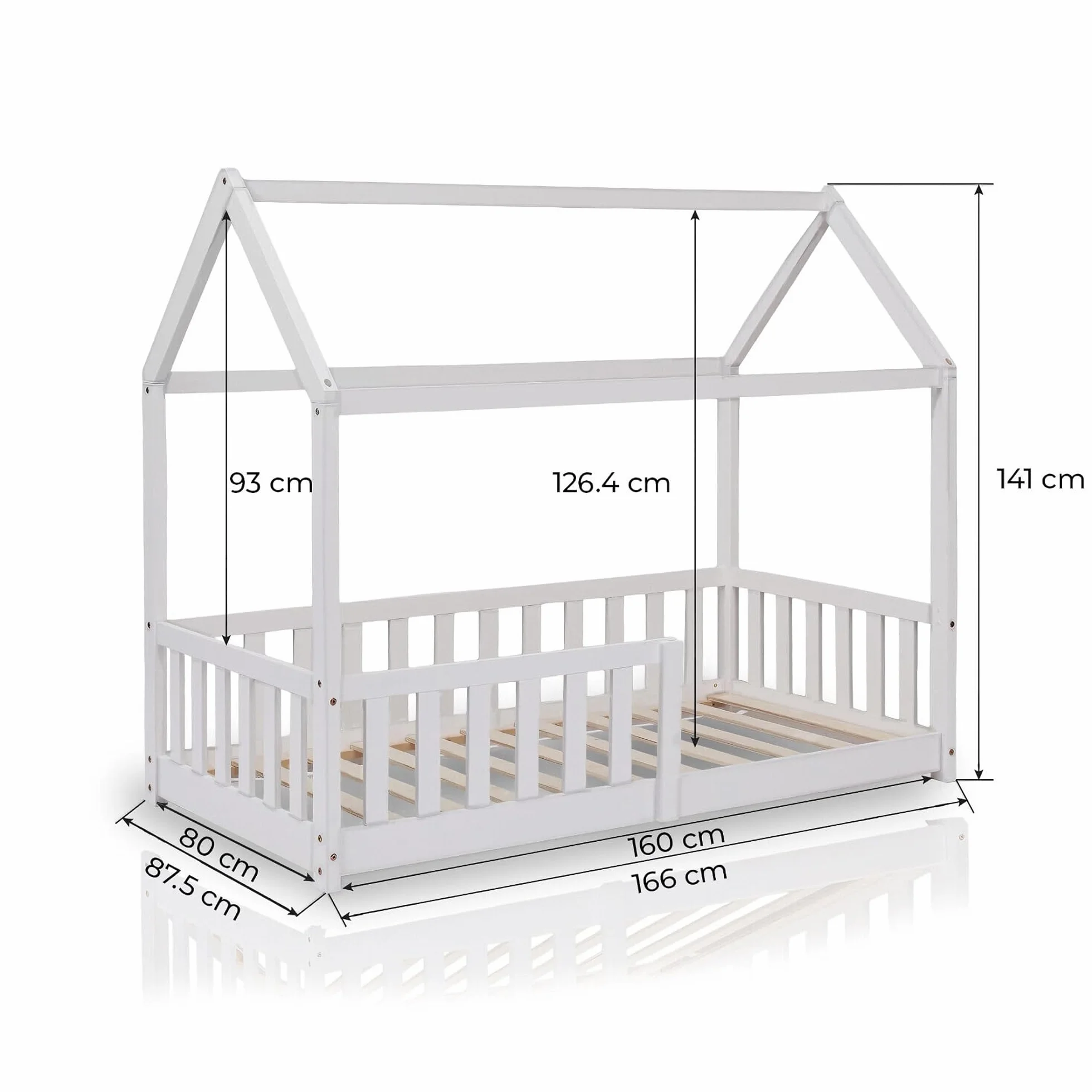 ecomi® Lettino per bambini 90x200 80x160 cm con protezione cadute e rete a doghe Bianco