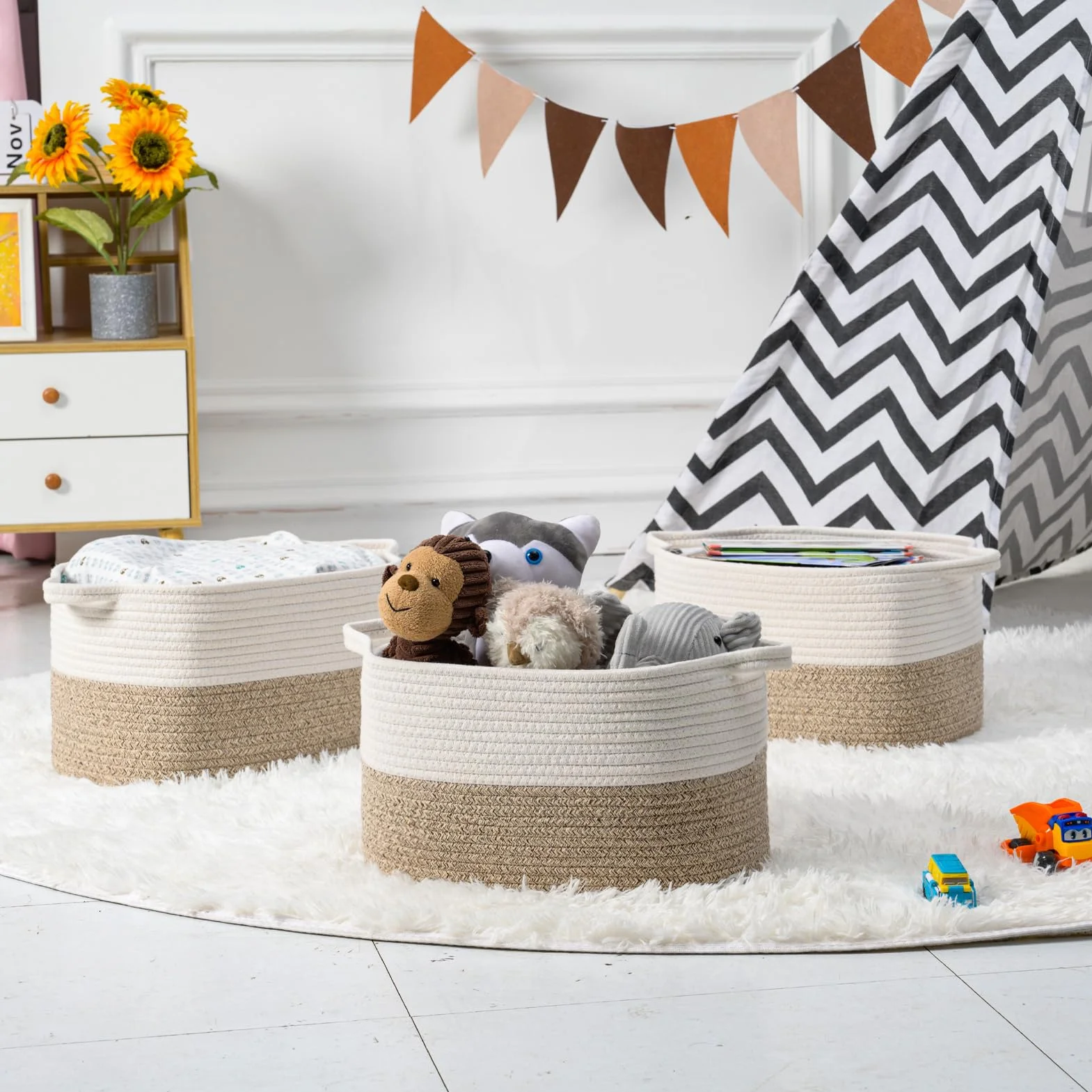 Cesto portaoggetti in corda di cotone per organizzare giocattoli bambini, cesti regalo, portabiancheria (Bianco e Marrone, 3 Pezzi)