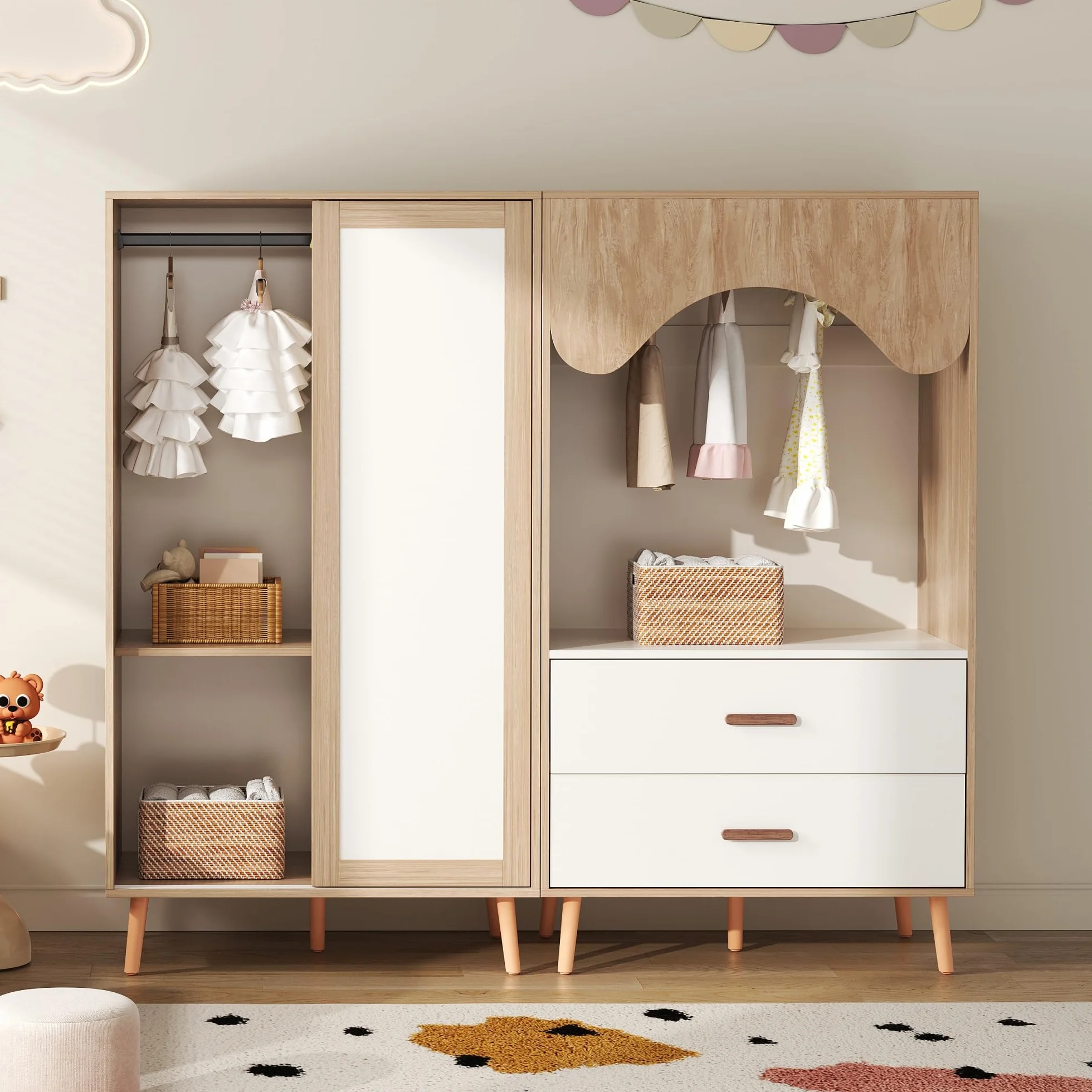 Soweiz Appendiabiti per bambini con porta scorrevole, bianco + legno naturale, 141,5 cm