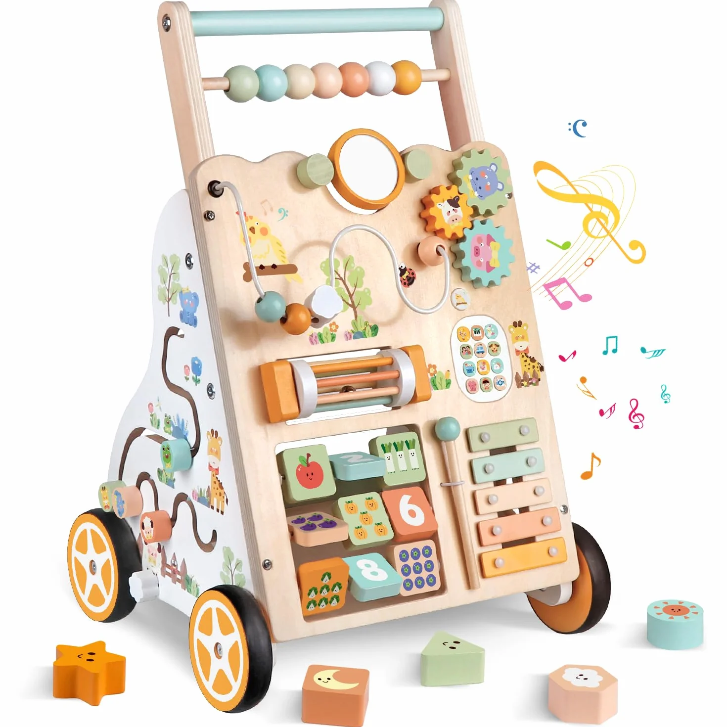 Carrello Primi Passi in Legno Montessori Girello con Centro Attività Altezza e Velocità Regolabili per Bambini 12+ Mesi (Naturale)