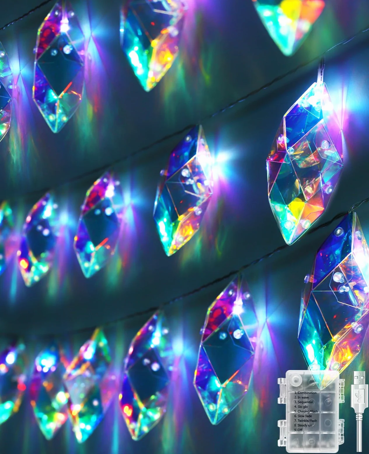 AceList Stringa di luci iridescenti per interni, 20 LED da 9,84 m, con batteria olografica e alimentazione USB, 8 modalità di illuminazione, luci di cristallo per matrimoni, Natale, feste, decorazioni