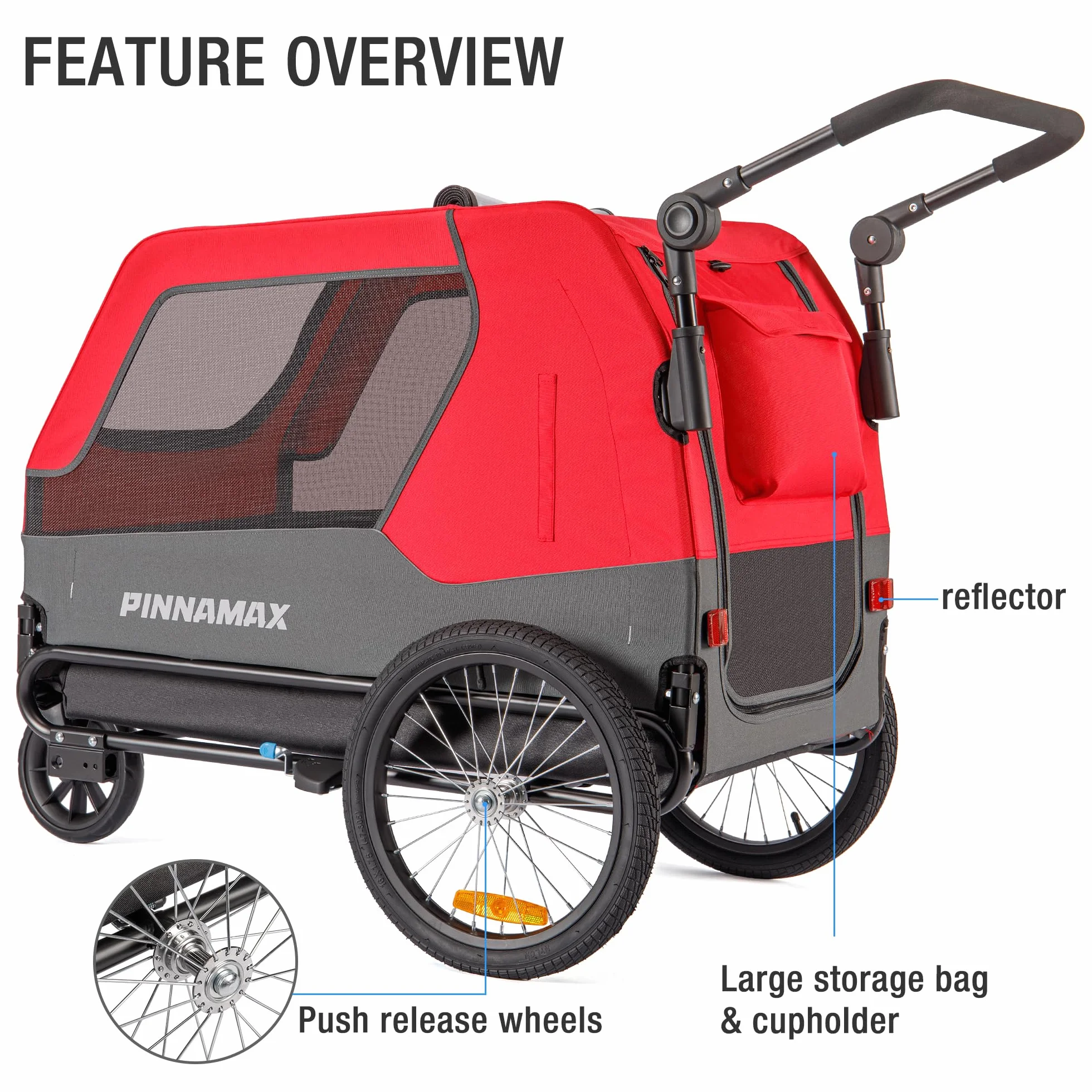 PINNAMAX Rimorchio per cani per biciclette 2 in 1, portata 45 kg, gancio universale