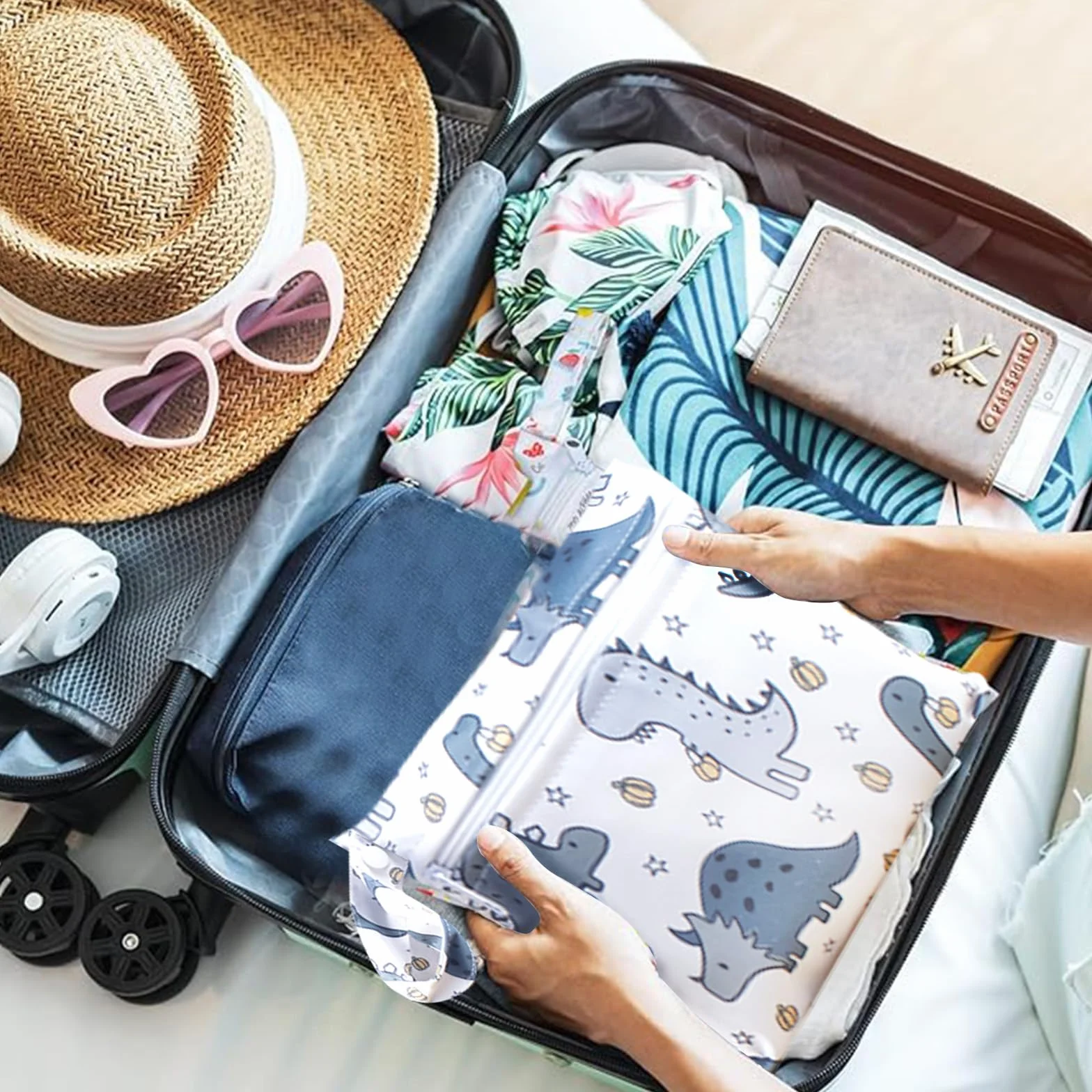 Wet Bag Borsa Pannolini Impermeabile 3 Pezzi Dinosauri con Zip da Appendere per Viaggio Passeggino