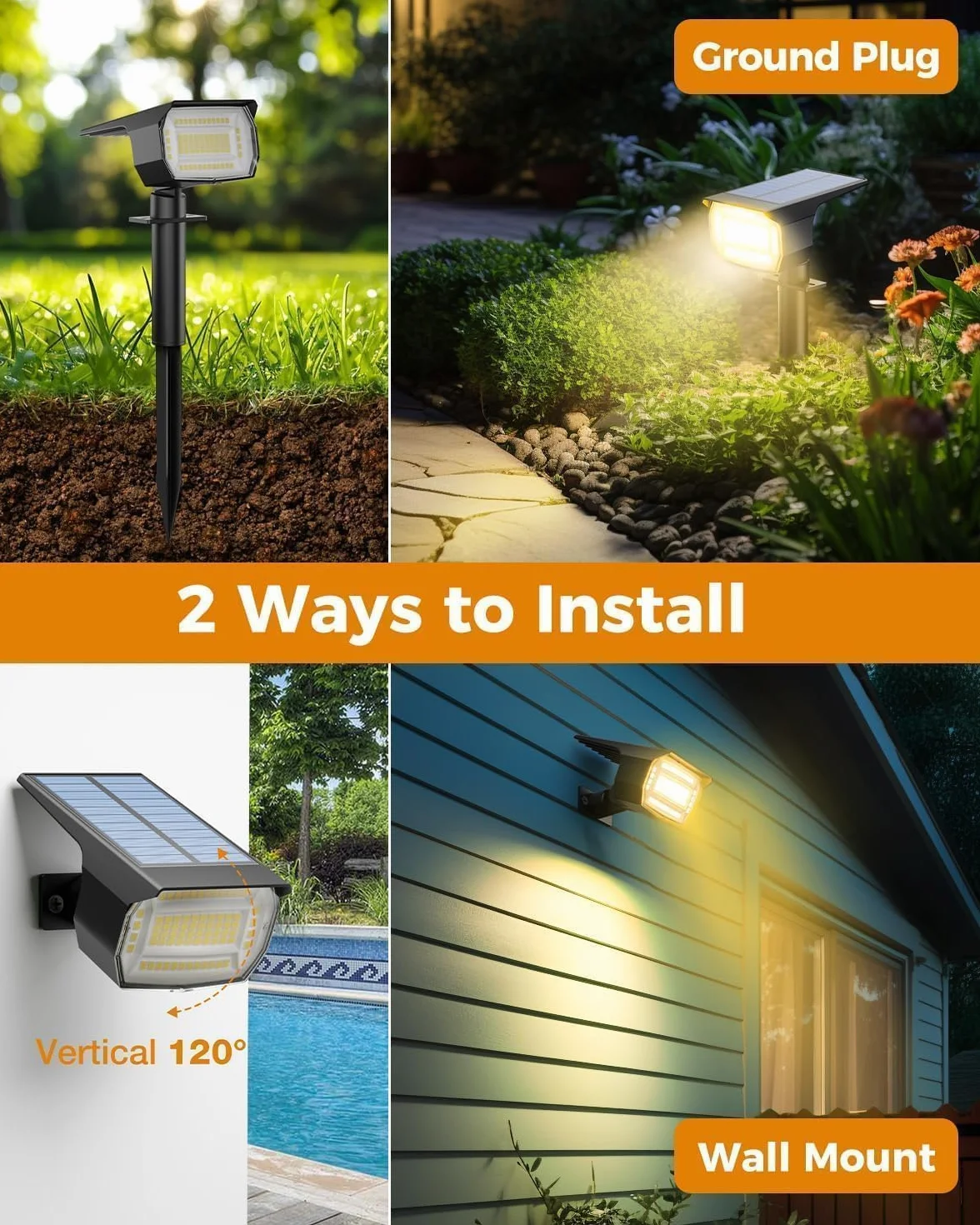 btfarm 4 Pezzi 72LED Faretti Solari a LED da Esterno, 3 Livelli di Luminosità Lampade Luci Solari da Giardino Potenti, IP65 Impermeabile Lampada Lampioni Solare per Cortile, Alberi, Bianco Caldo