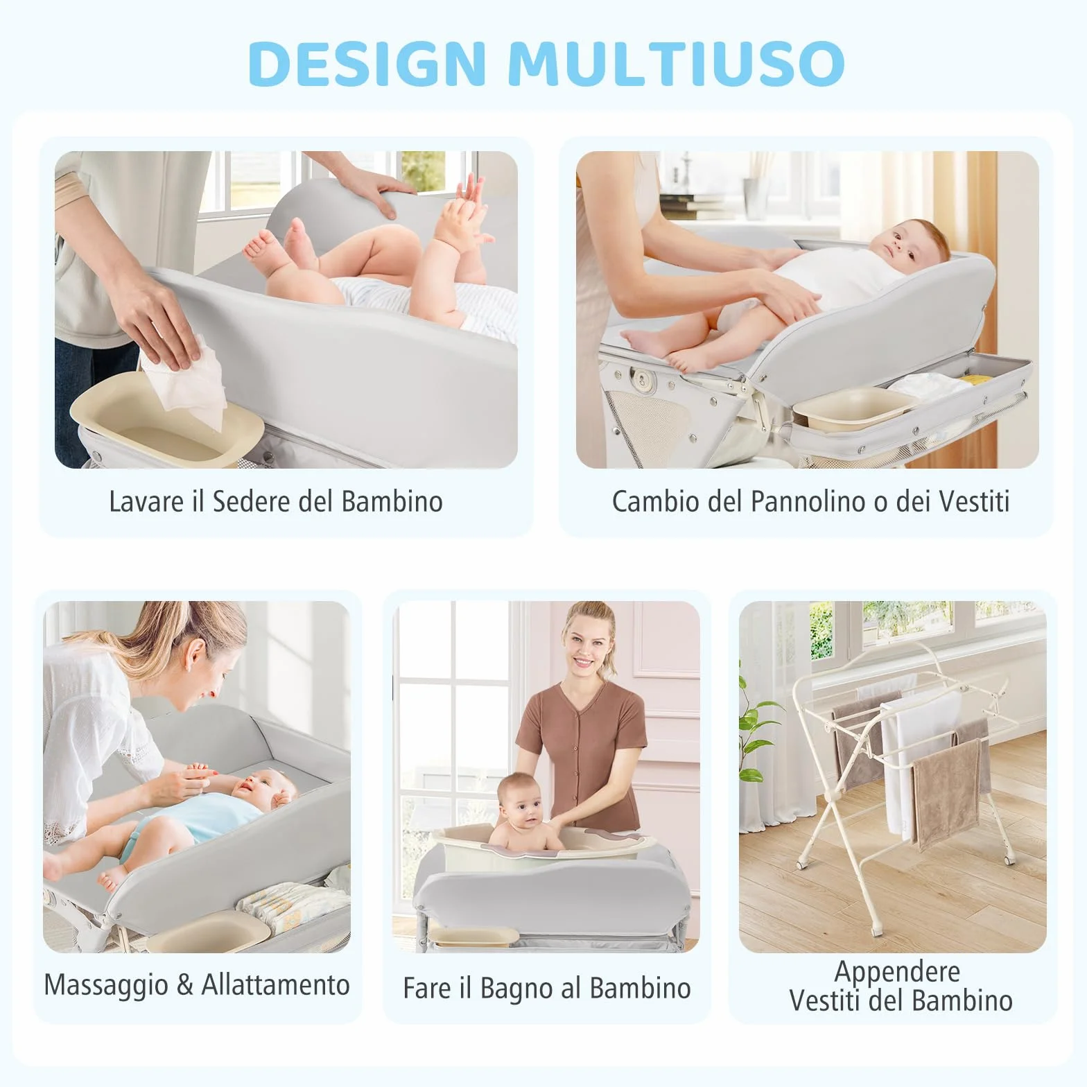 Costway Fasciatoio Pieghevole Neonato Portatile con Altezza Regolabile 3 Livelli, Grigio