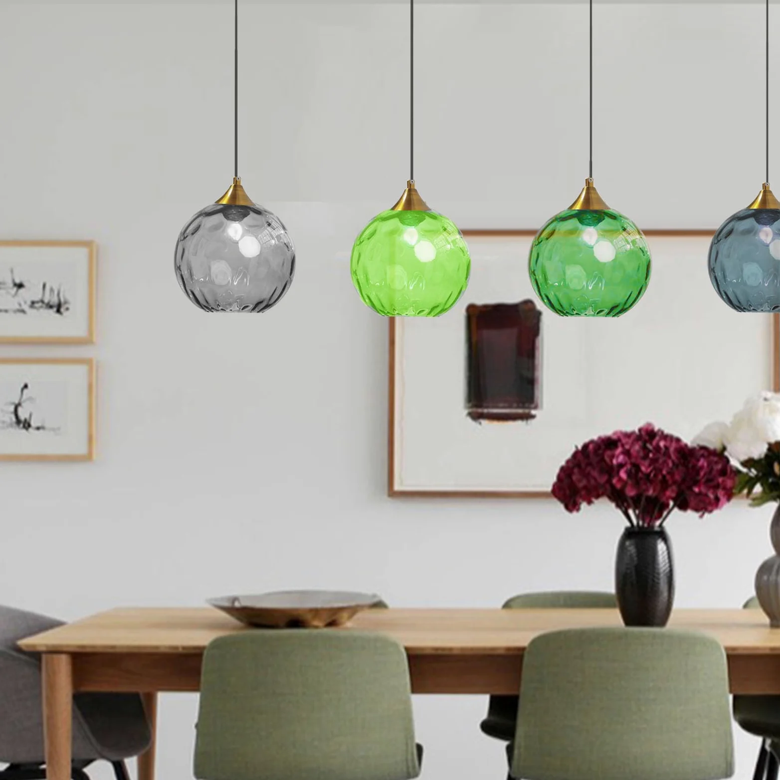 Lampadario a Sospensione a Sfera in Vetro Ondulato con Finitura Oro Lampada a Sospensione a Soffitto Industriale Vintage E27 Per Sala da pranzo Cucina - Verde scuro