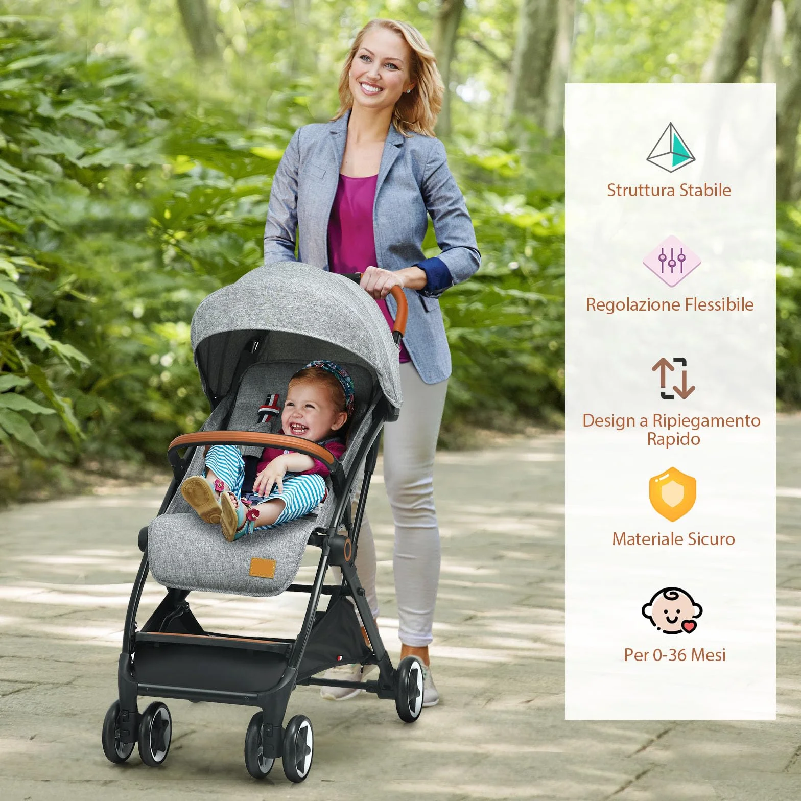 Costway Passeggino Leggero per Bambini 0-3 Anni fino 15 kg, Schienale e Poggiapiedi Regolabili, Cappottina e Zanzariera, Compatto Pieghevole Grigio